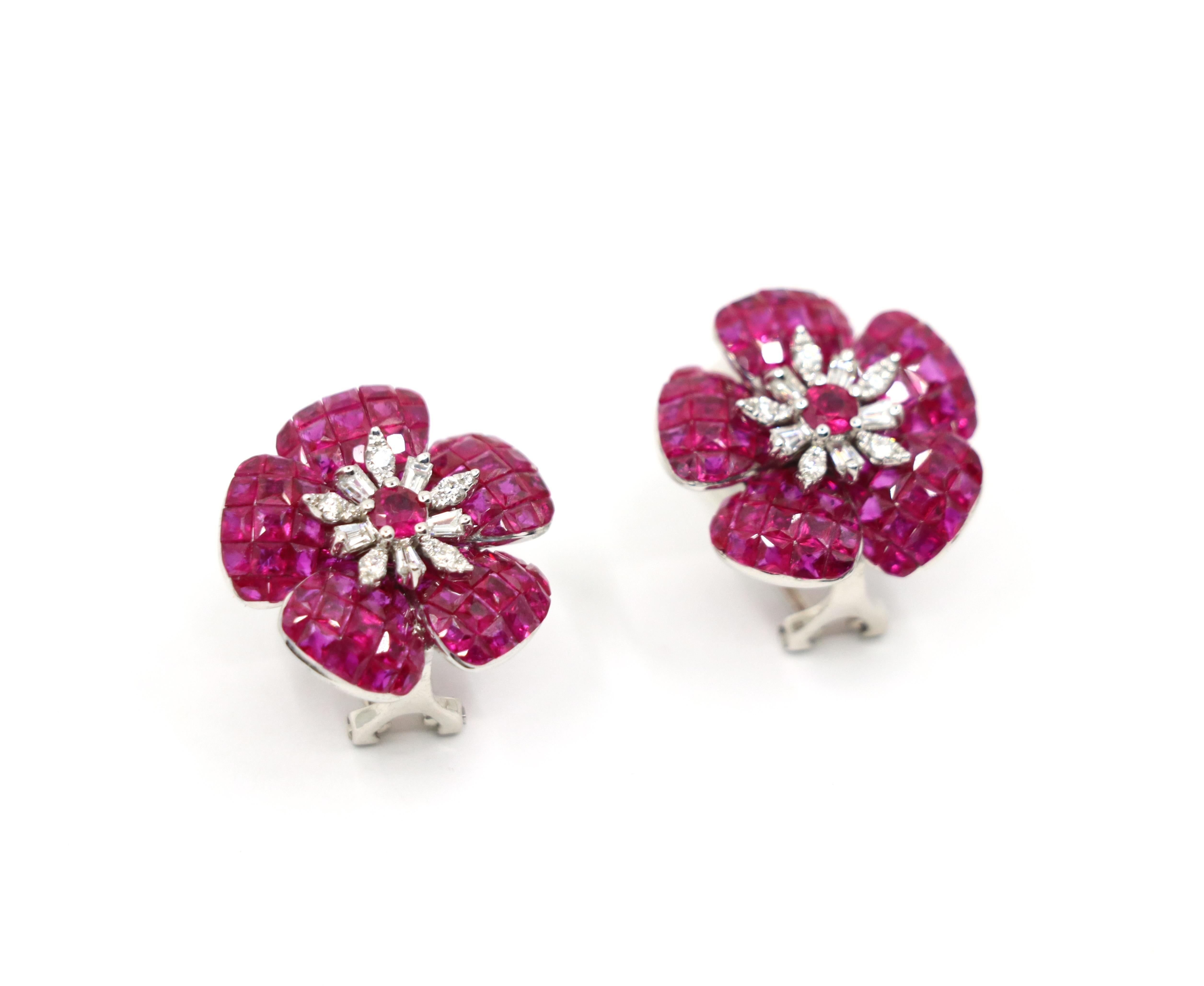 Women's 18K White Gold Diamond and Mystery Set Ruby Flower Earrings For Sale