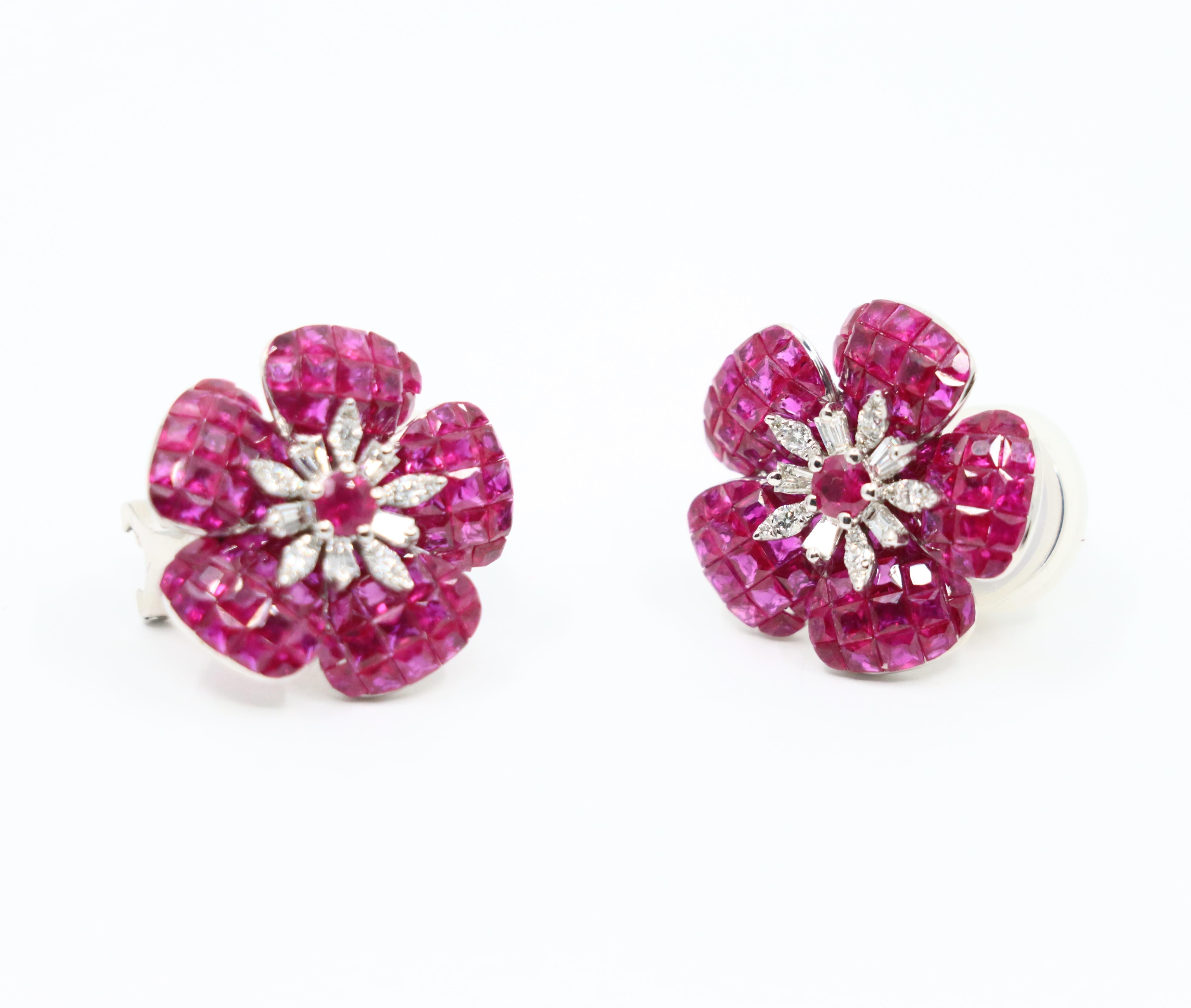 18K White Gold Diamond and Mystery Set Ruby Flower Earrings For Sale 1