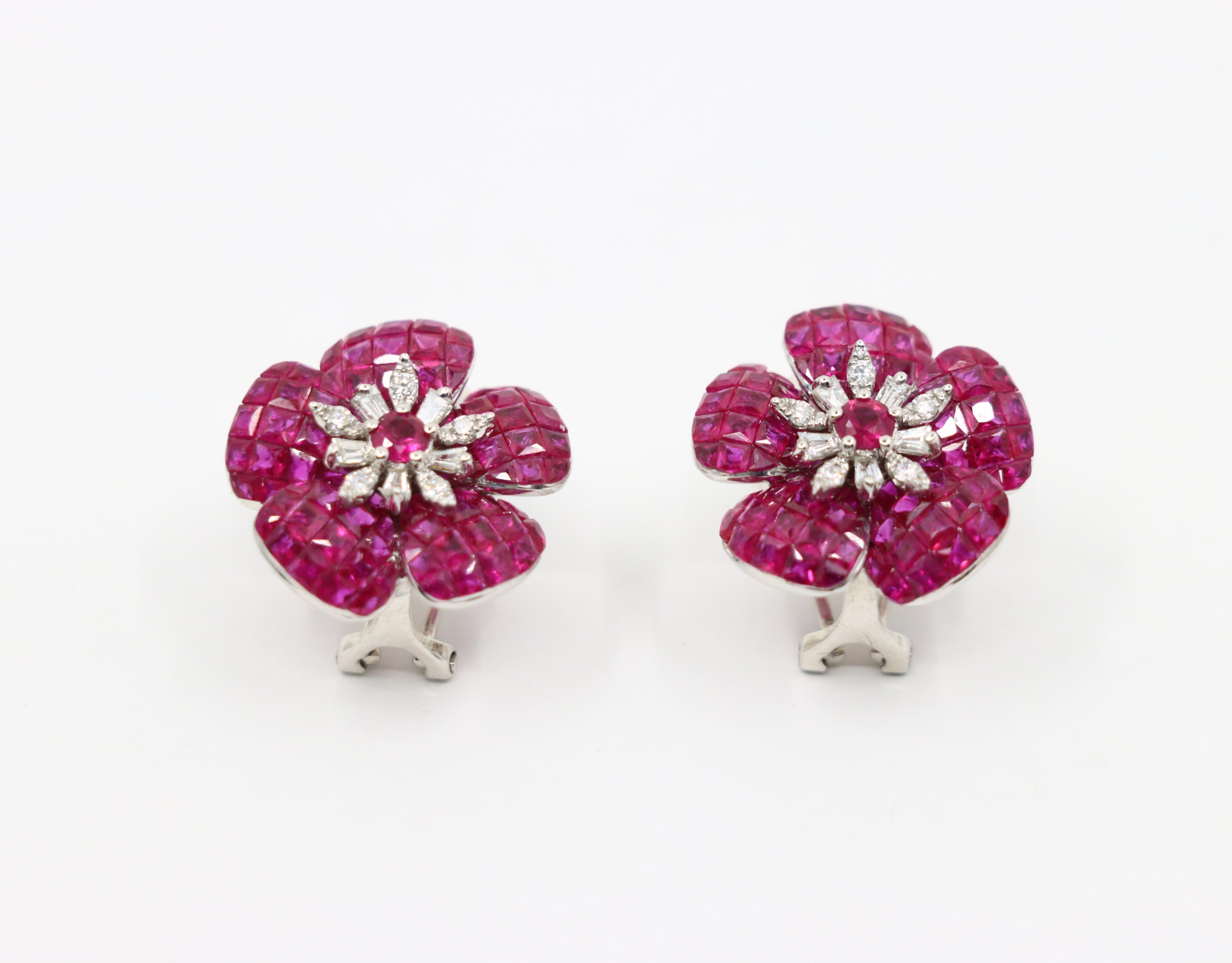 18K White Gold Diamond and Mystery Set Ruby Flower Earrings For Sale 2