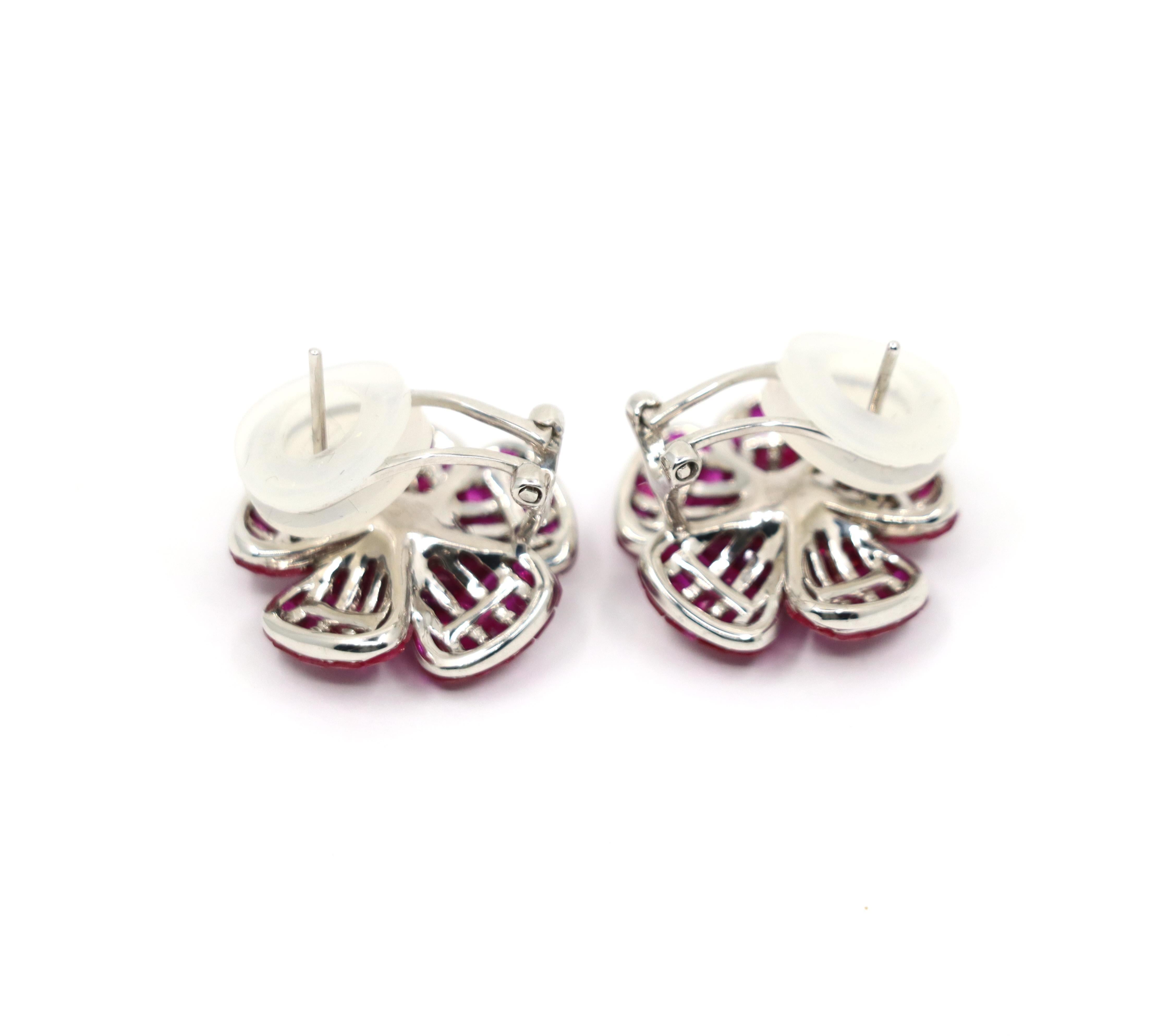 18K White Gold Diamond and Mystery Set Ruby Flower Earrings For Sale 3