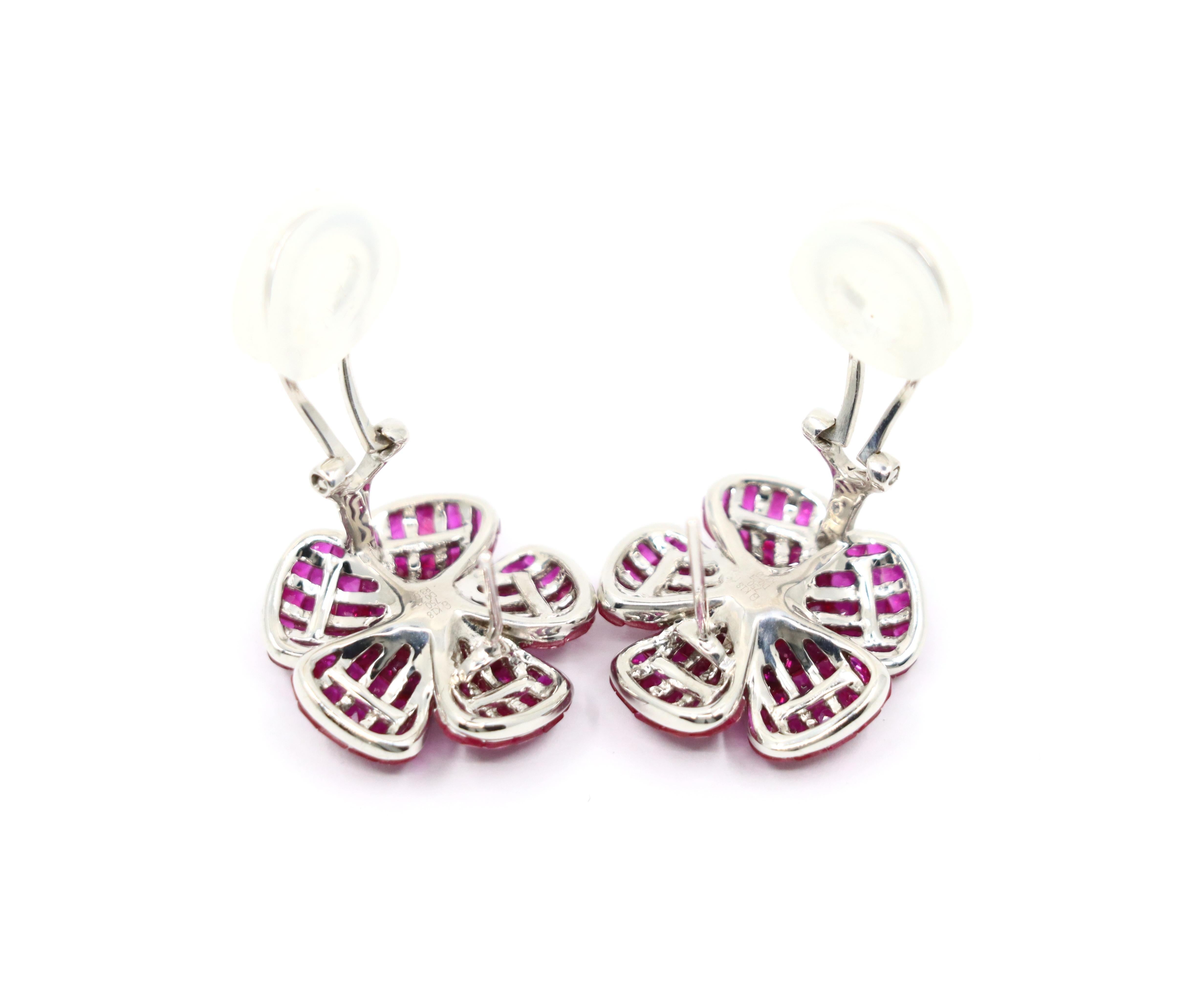 18K White Gold Diamond and Mystery Set Ruby Flower Earrings For Sale 4