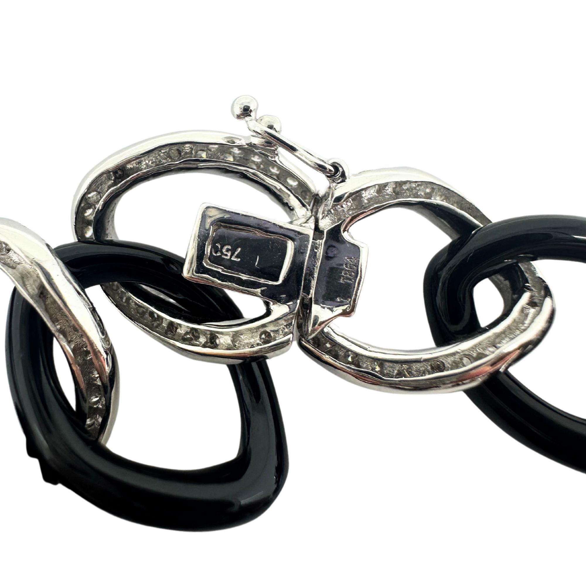 Bracelet à maillons en or blanc 18 carats, diamants et onyx Pour femmes en vente