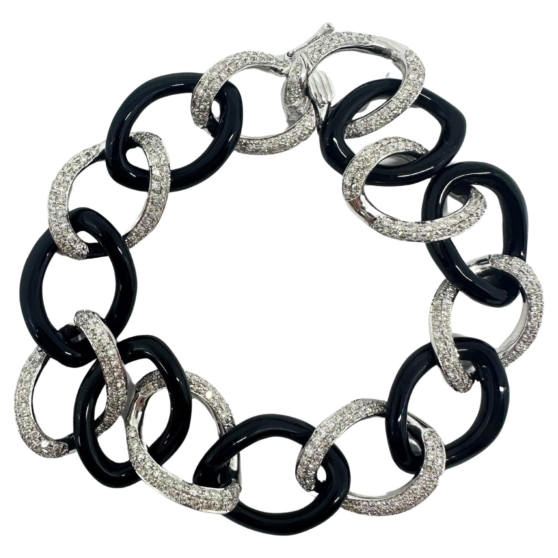 18k White Gold Diamond and Onyx Link Bracelet