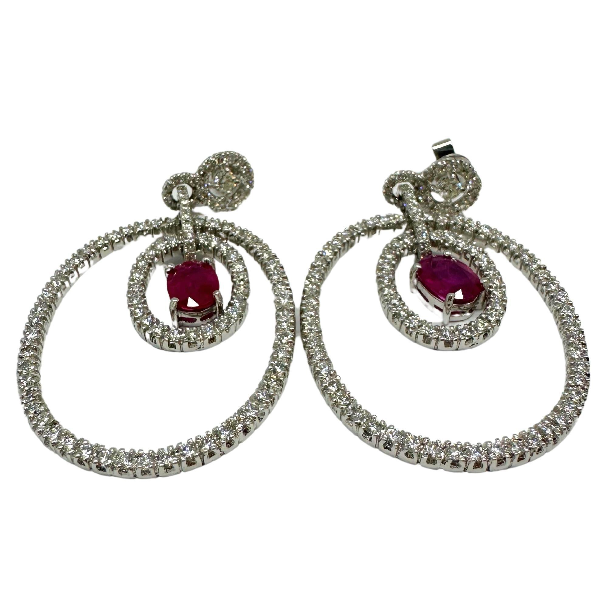 Women's 18K White Gold Diamond and Oval Ruby Drop Earrings For Sale