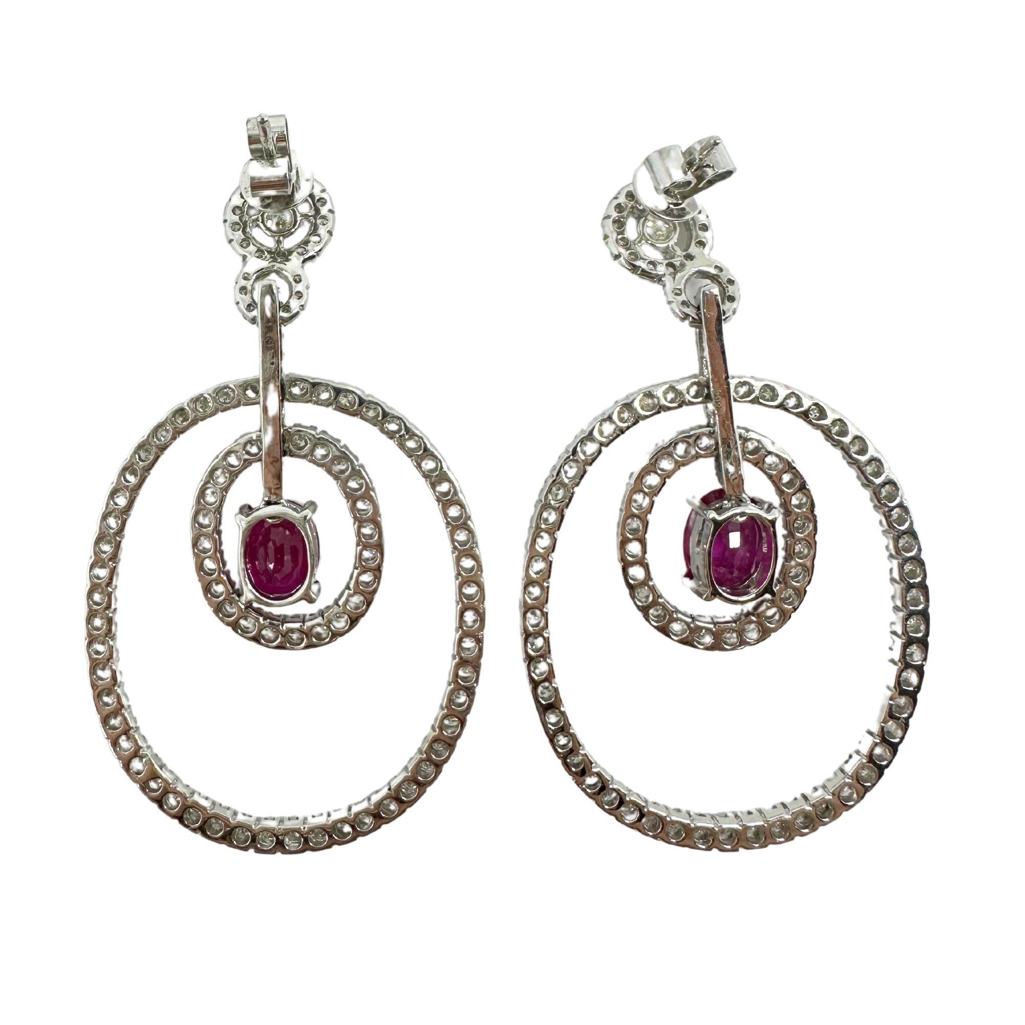 18K White Gold Diamond and Oval Ruby Drop Earrings For Sale 1