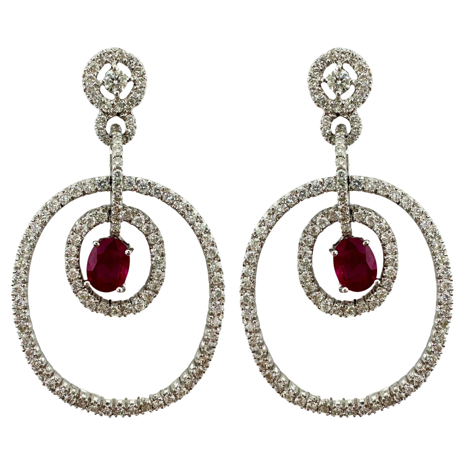 18K White Gold Diamond and Oval Ruby Drop Earrings