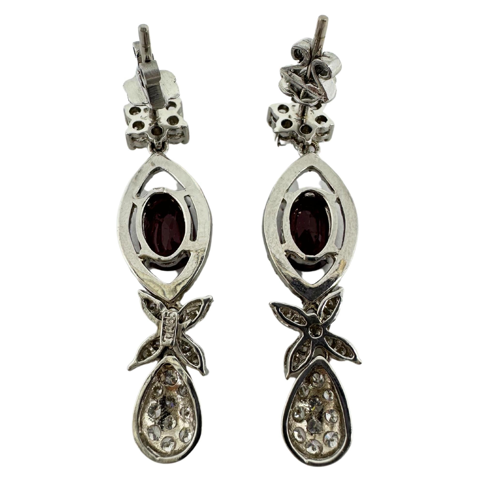 Rough Cut 18k White Gold Diamond and Oval Ruby Earrings For Sale