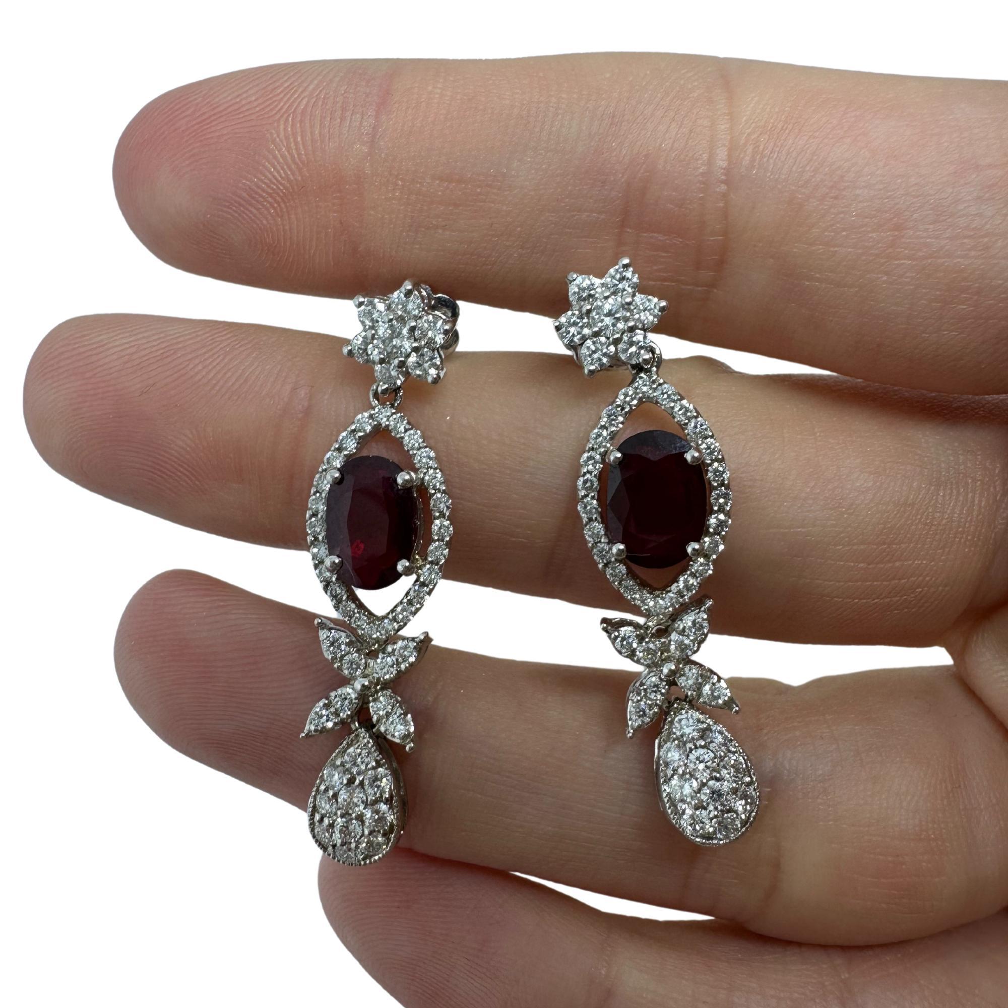 Women's 18k White Gold Diamond and Oval Ruby Earrings For Sale