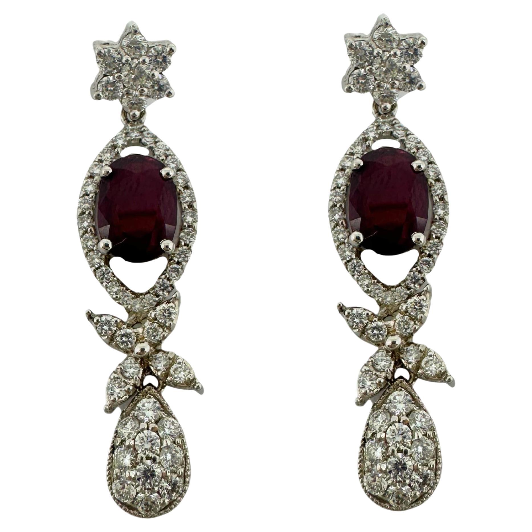 18k White Gold Diamond and Oval Ruby Earrings