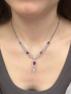 18K White Gold Diamond and Oval Ruby Necklace