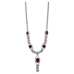 18K White Gold Diamond and Oval Ruby Necklace