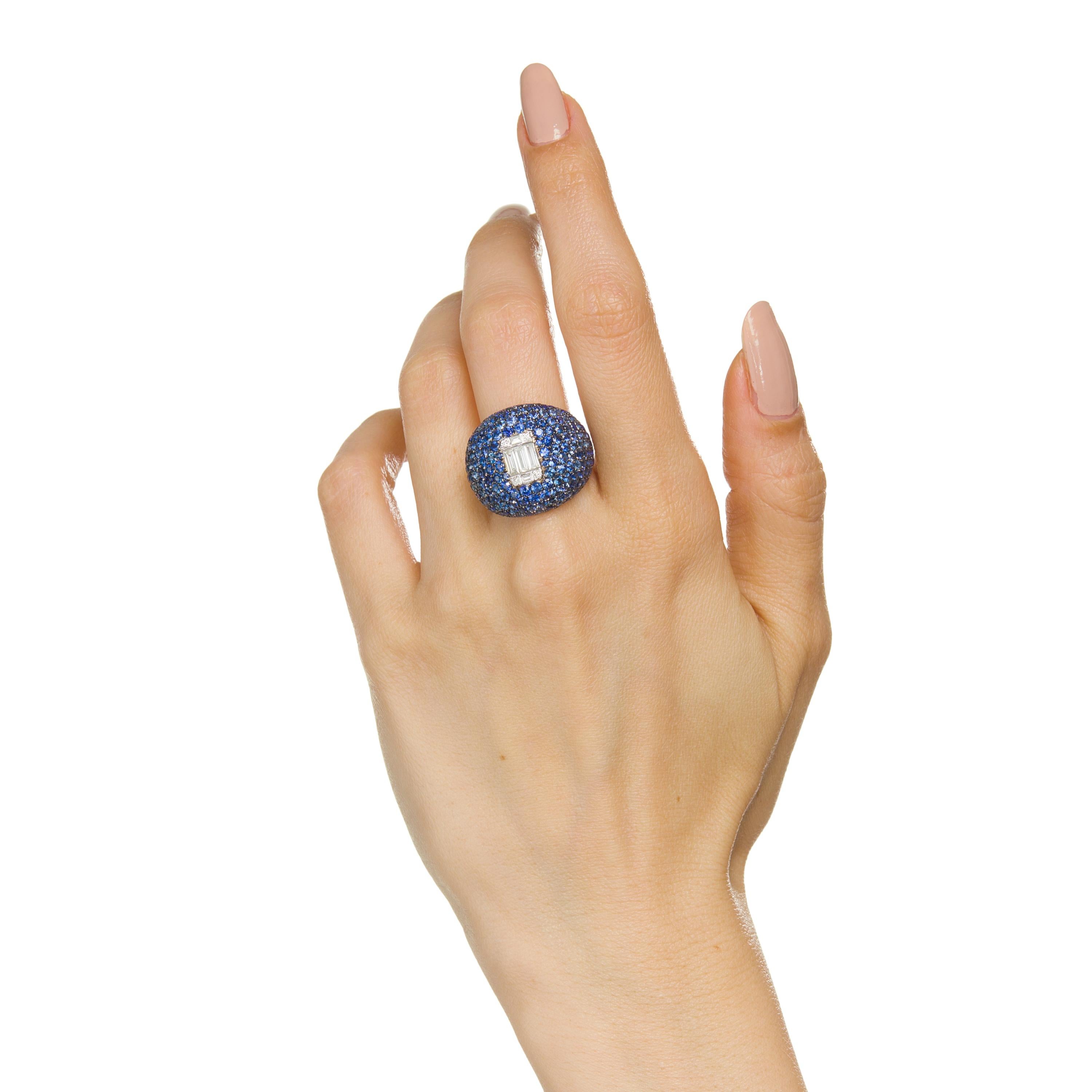 Medieval 18 Karat White Gold Diamond and Pave Blue Sapphire Dome Ring