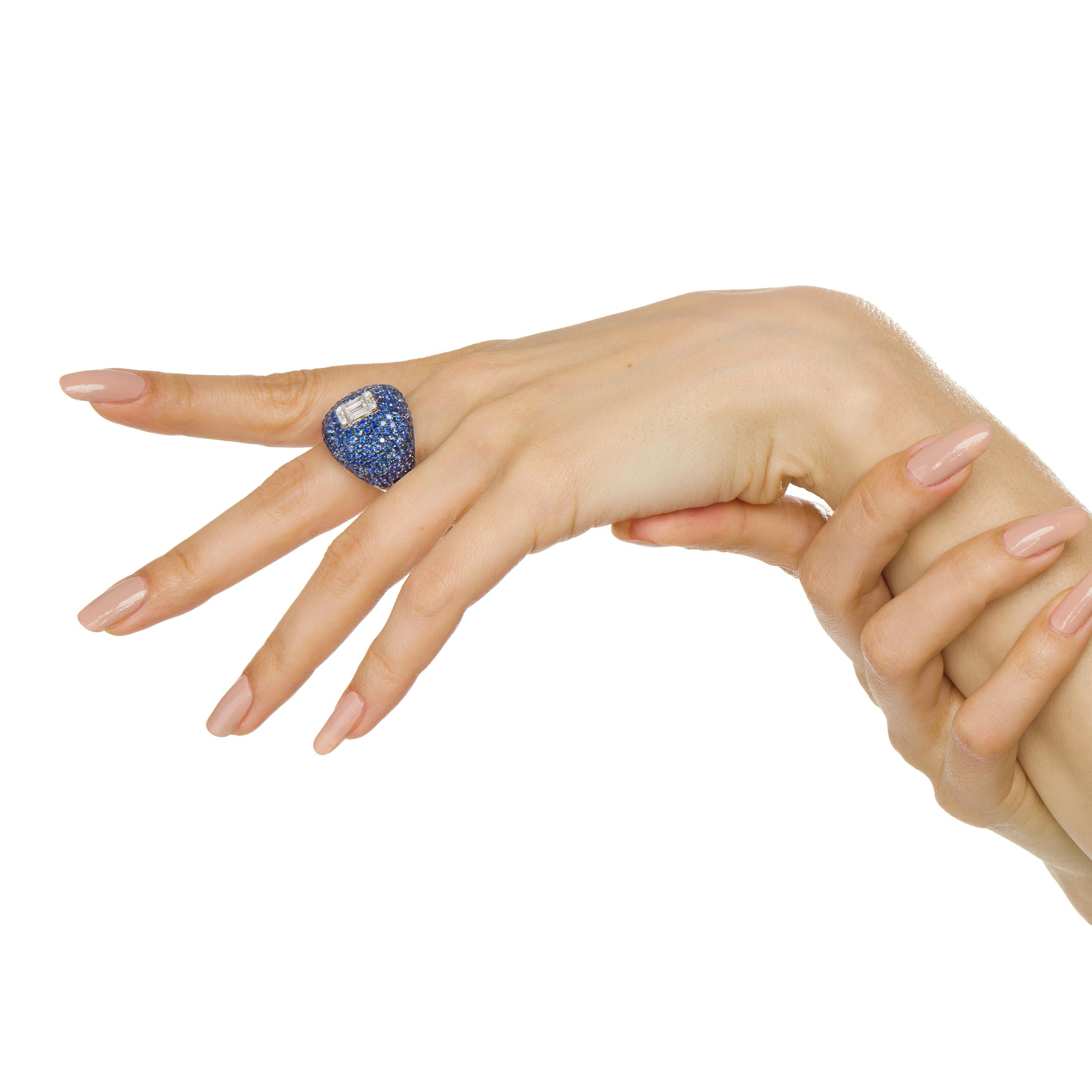 Baguette Cut 18 Karat White Gold Diamond and Pave Blue Sapphire Dome Ring