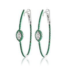 18k White Gold Diamond and Pave Emerald Hoop Earrings