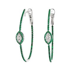 18k White Gold Diamond and Pave Emerald Hoop Earrings