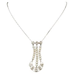 Vintage 18K White Gold Diamond and Peal Drop Necklace