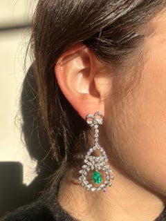 18K White Gold Diamond and Pear Cut Emerald Earrings