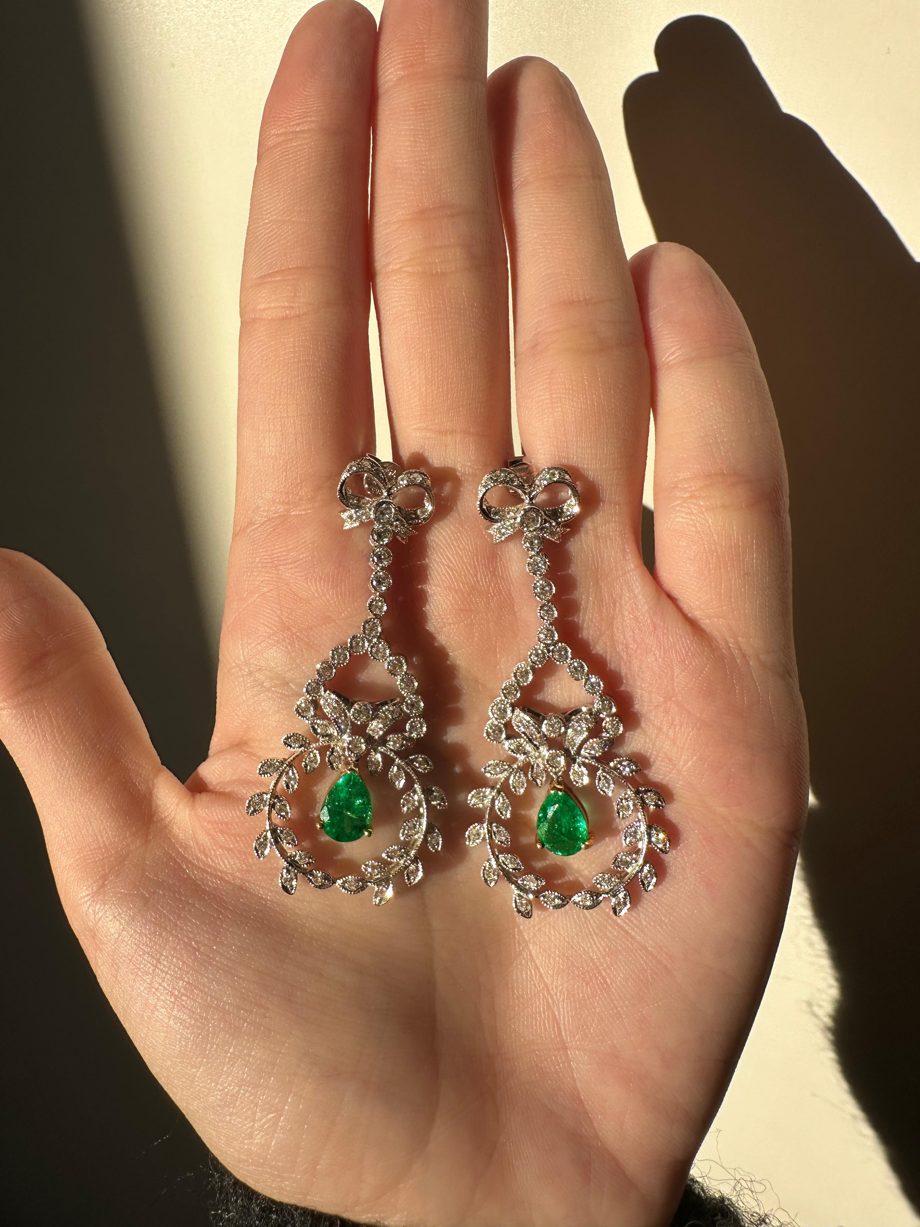 Modern 18K White Gold Diamond and Pear Cut Emerald Earrings For Sale