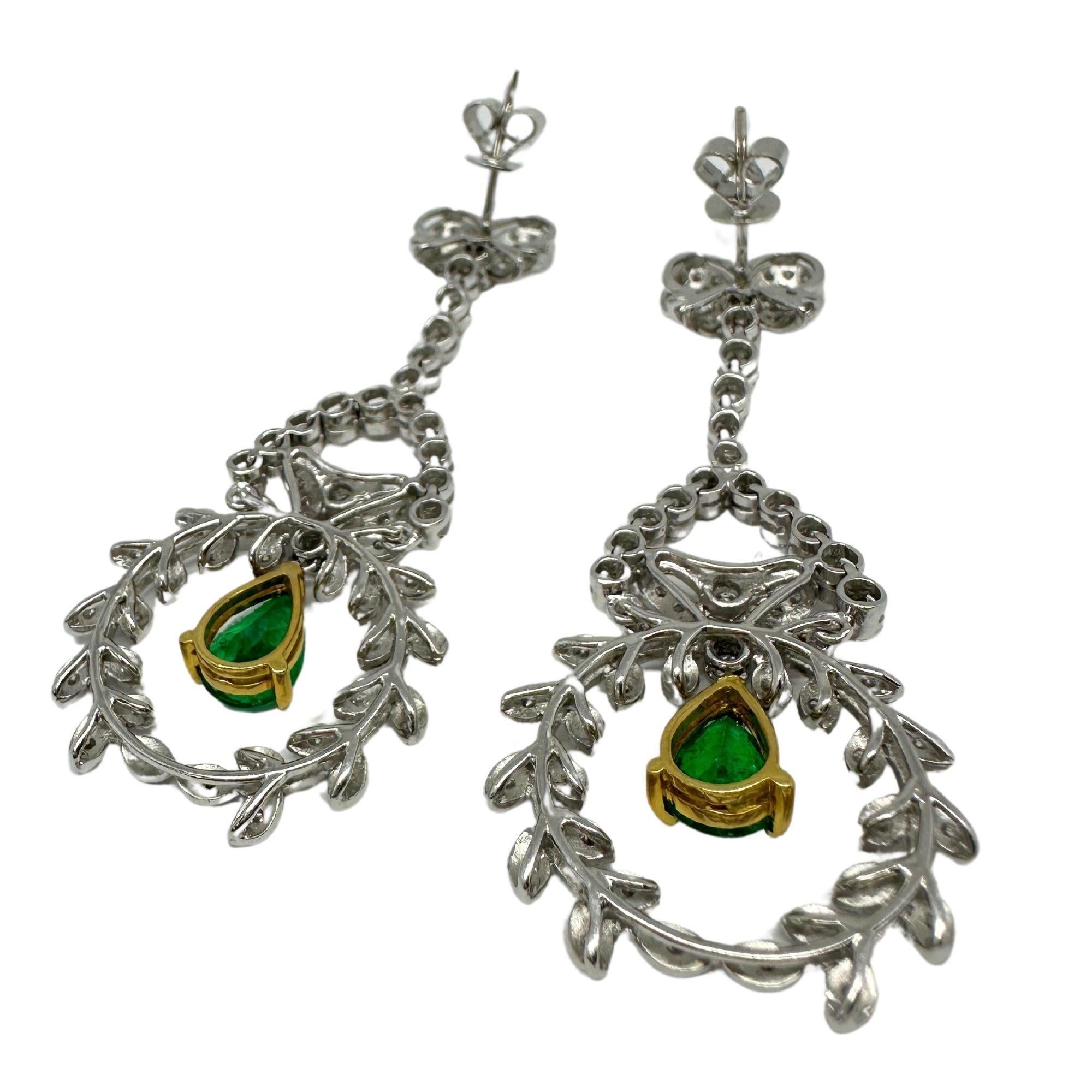 Women's 18K White Gold Diamond and Pear Cut Emerald Earrings For Sale