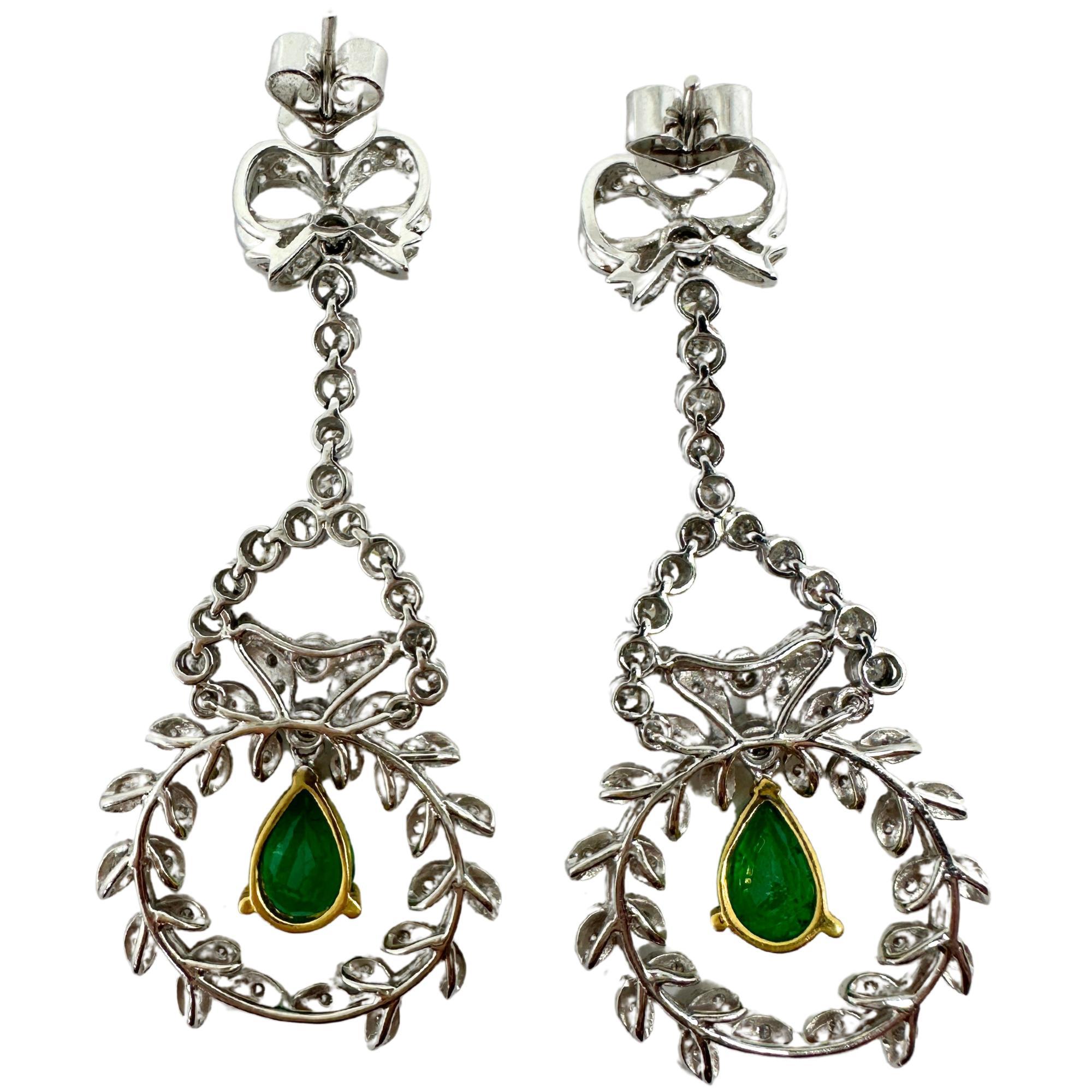18K White Gold Diamond and Pear Cut Emerald Earrings For Sale 2