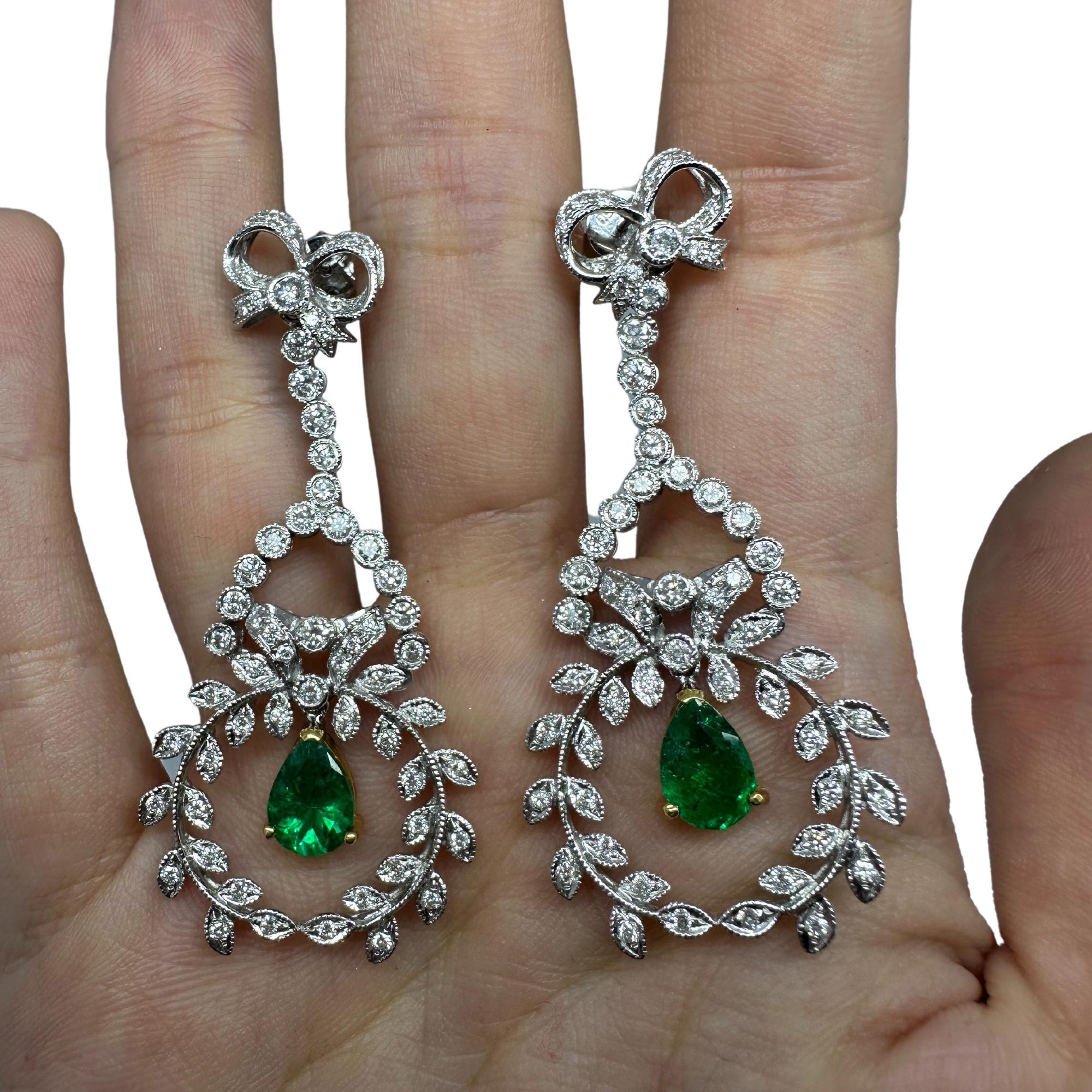 18K White Gold Diamond and Pear Cut Emerald Earrings For Sale 3