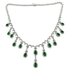 18K White Gold Diamond and Pear Cut Emerald Necklace