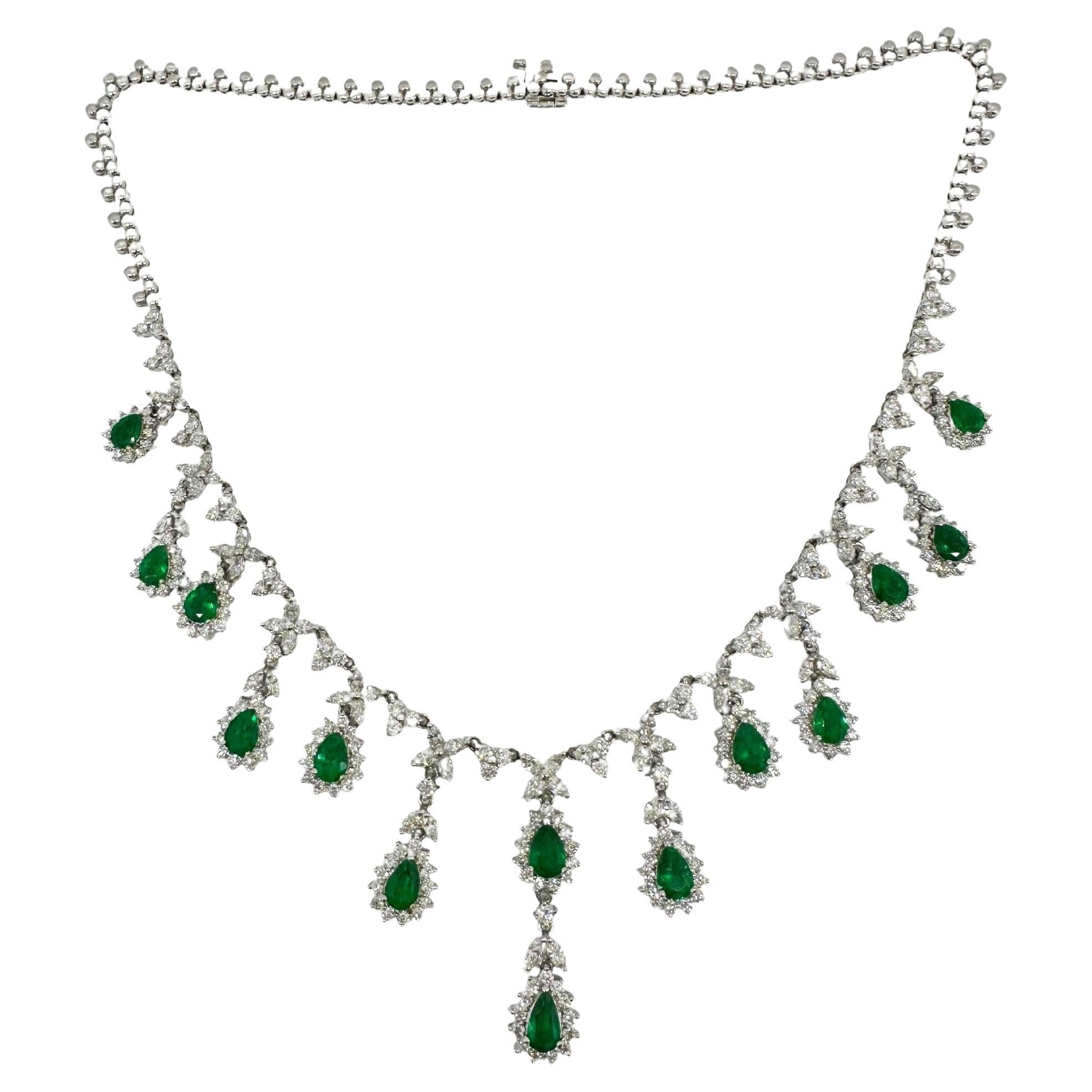 18K White Gold Diamond and Pear Cut Emerald Necklace
