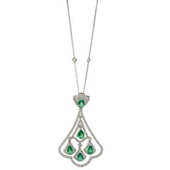 18K White Gold Diamond and Pear Cut Emerald Pendant Necklace