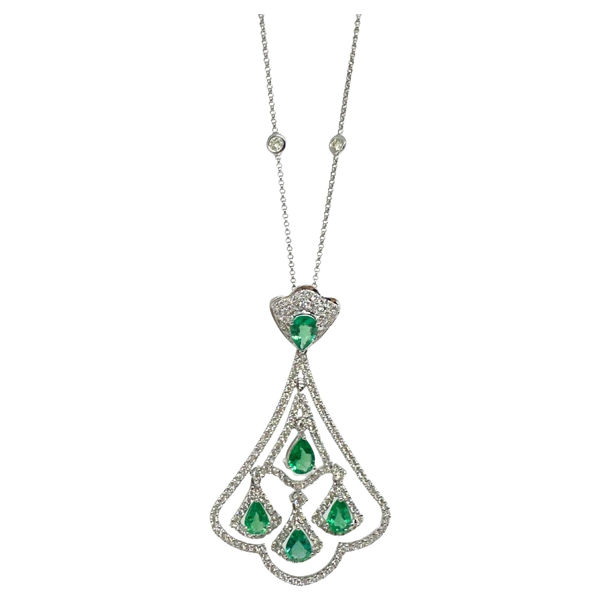 18K White Gold Diamond and Pear Cut Emerald Pendant Necklace