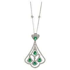 18K White Gold Diamond and Pear Cut Emerald Pendant Necklace