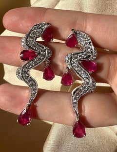 18K White Gold Diamond and Pear Shaped Ruby Earrings