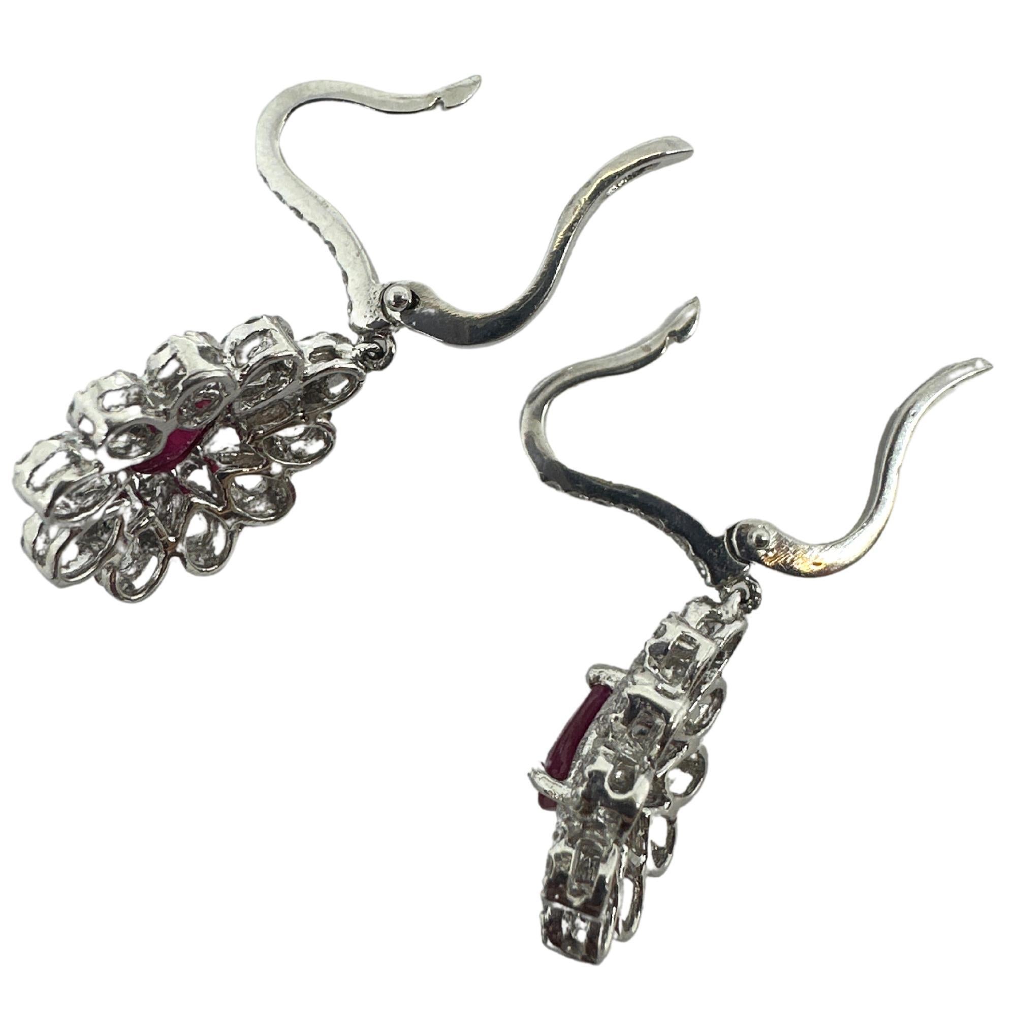 Modern 18k White Gold Diamond and Pear Shaped Ruby Earrings For Sale