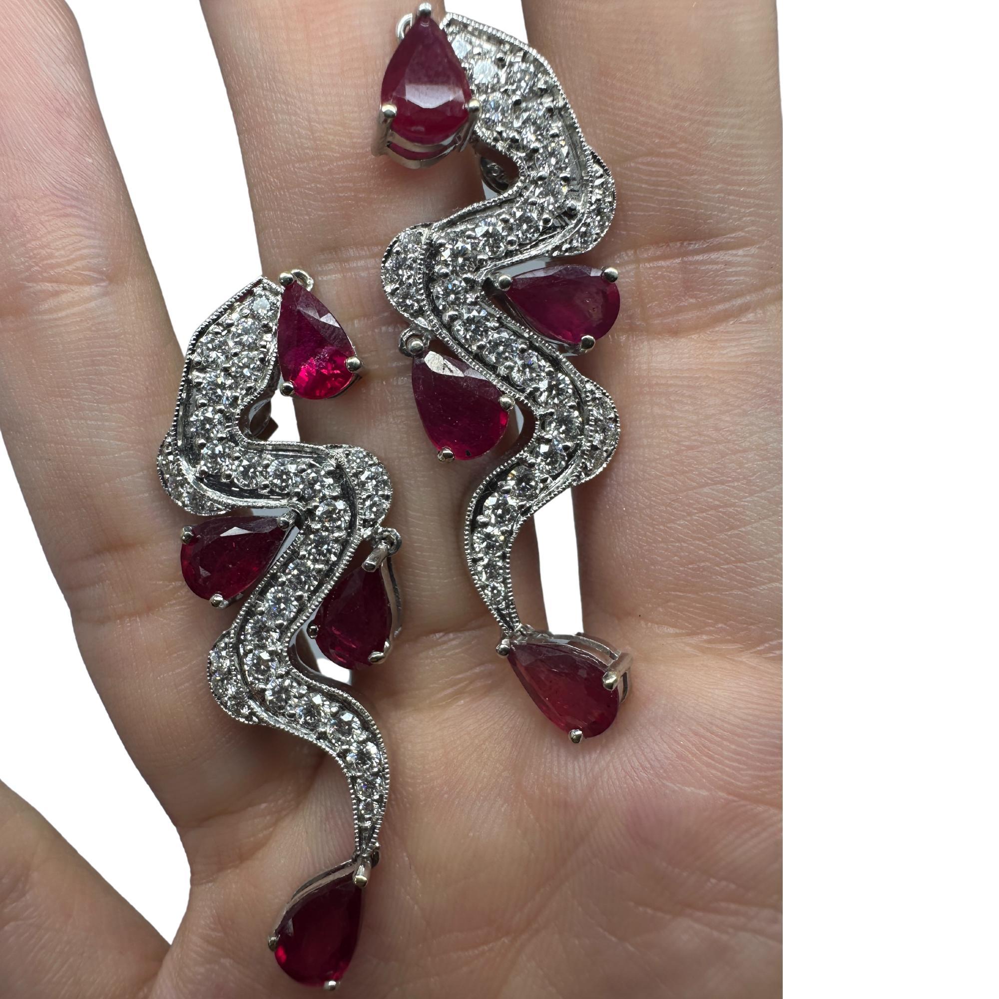 Modern 18K White Gold Diamond and Pear Shaped Ruby Earrings For Sale