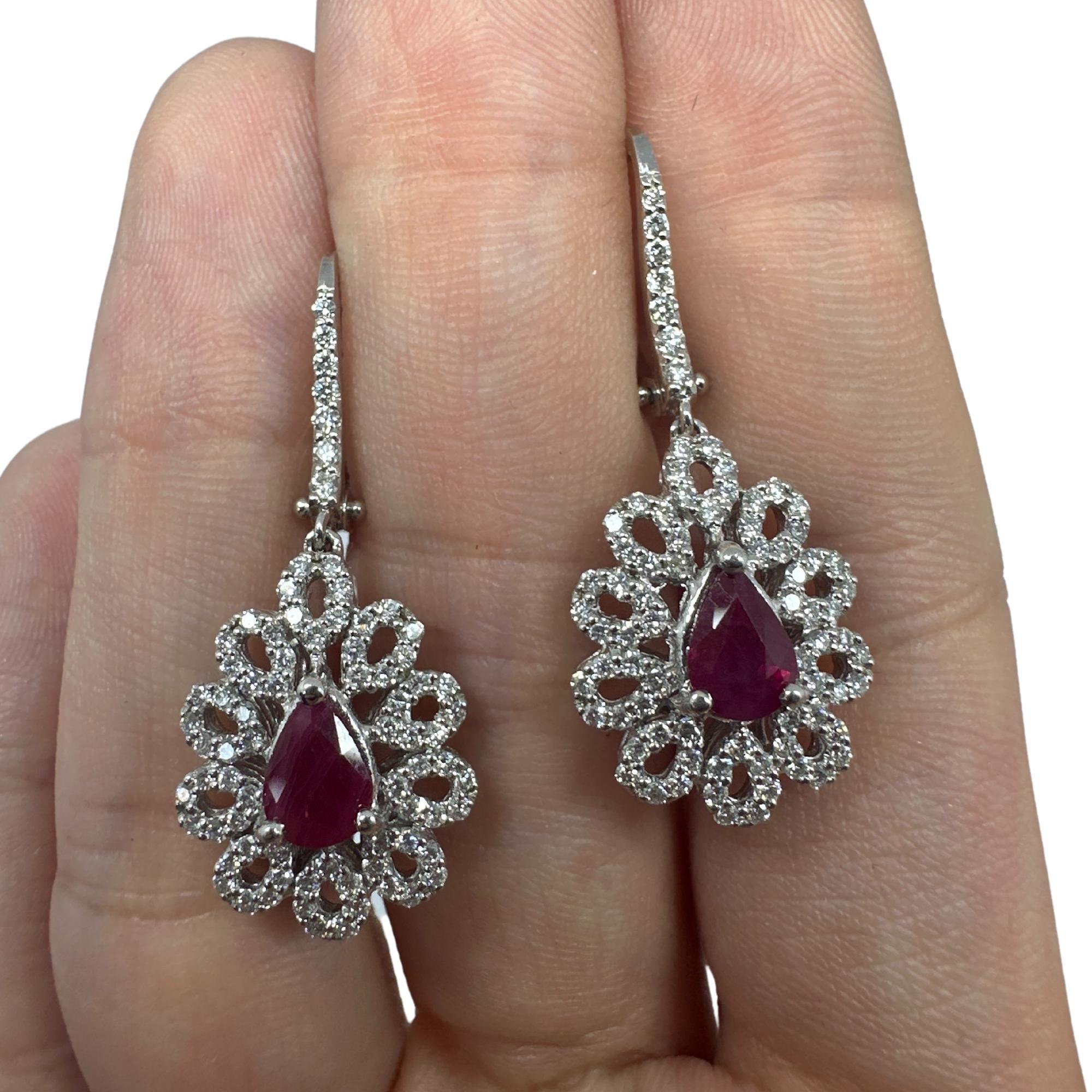 Round Cut 18k White Gold Diamond and Pear Shaped Ruby Earrings For Sale