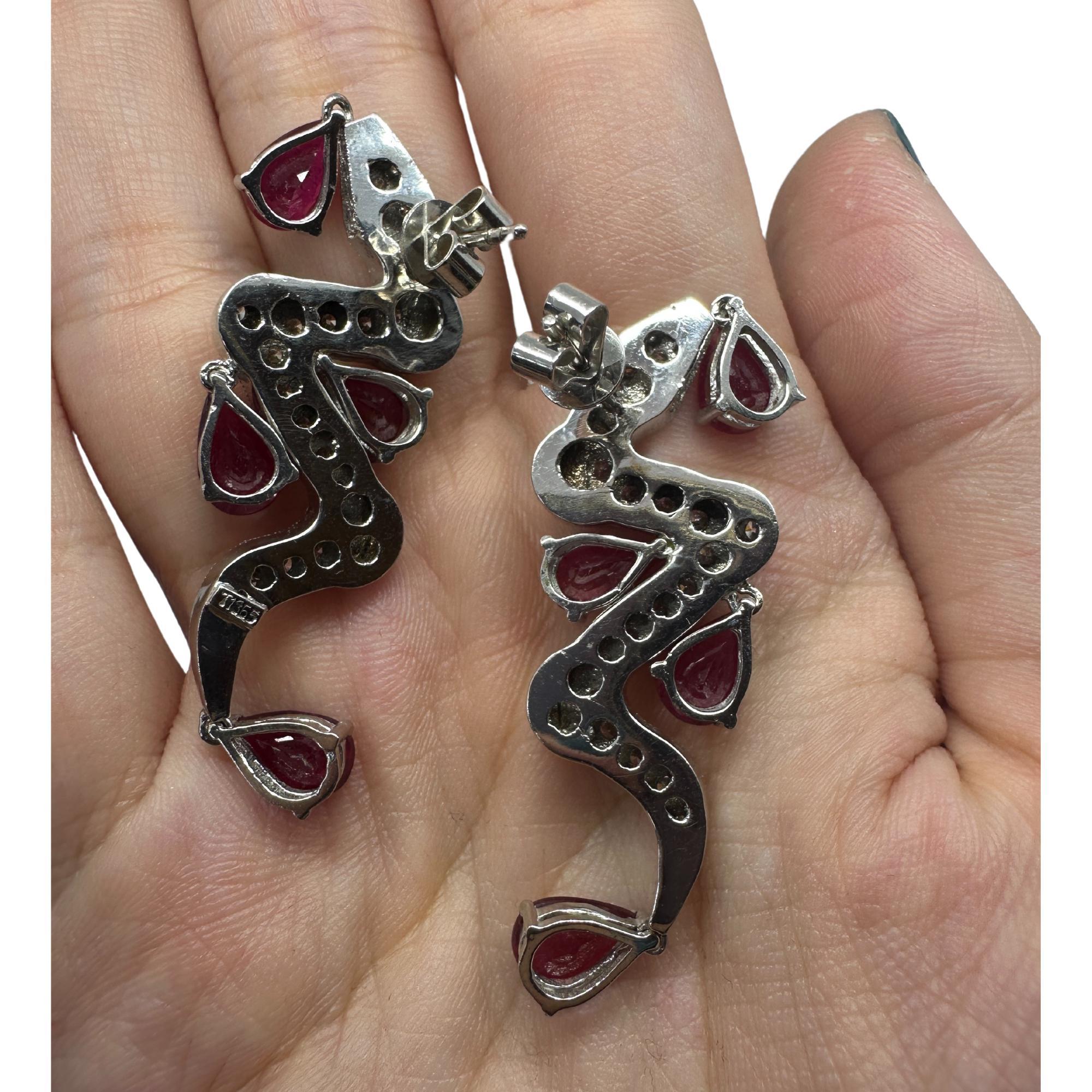 Pear Cut 18K White Gold Diamond and Pear Shaped Ruby Earrings For Sale