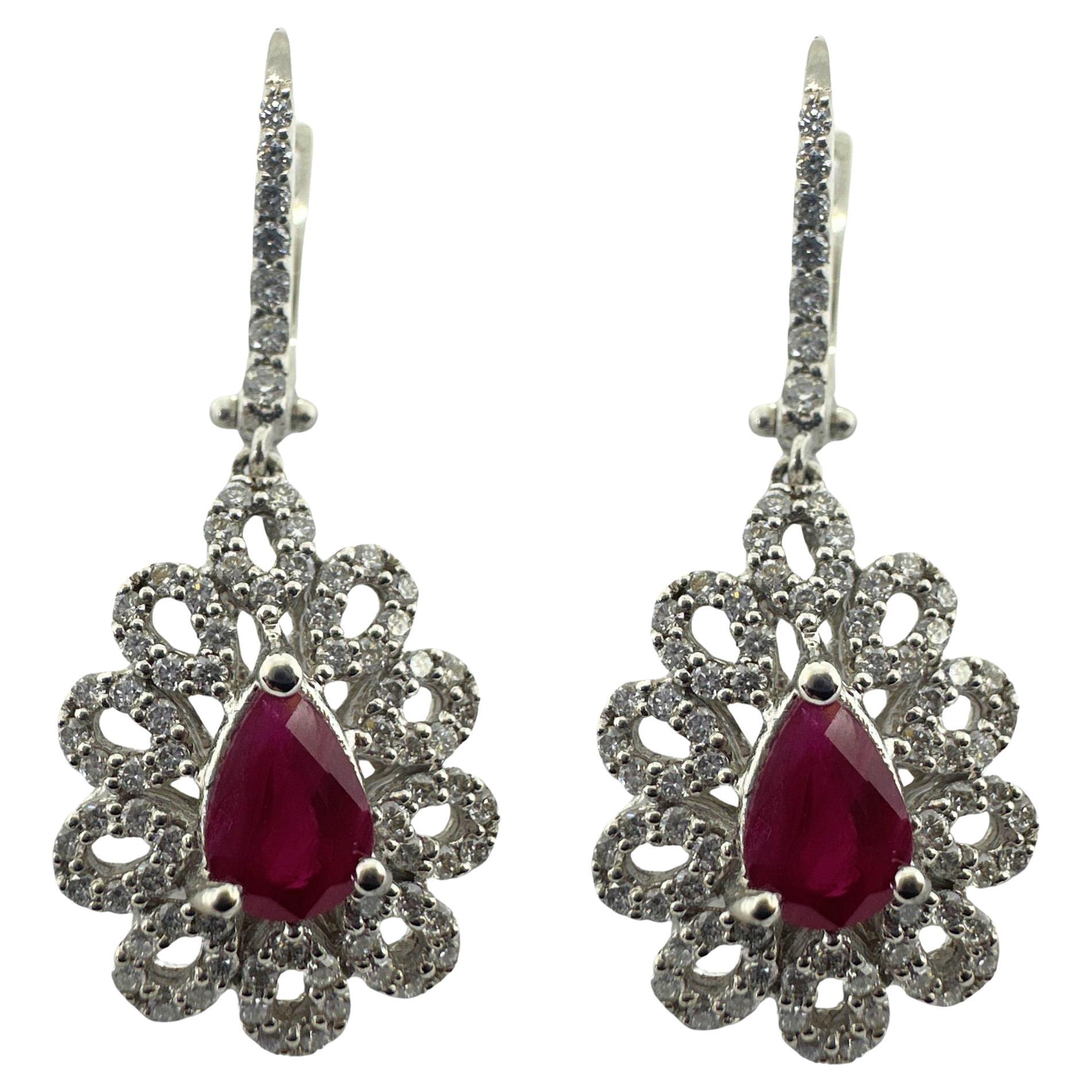 18k White Gold Diamond and Pear Shaped Ruby Earrings