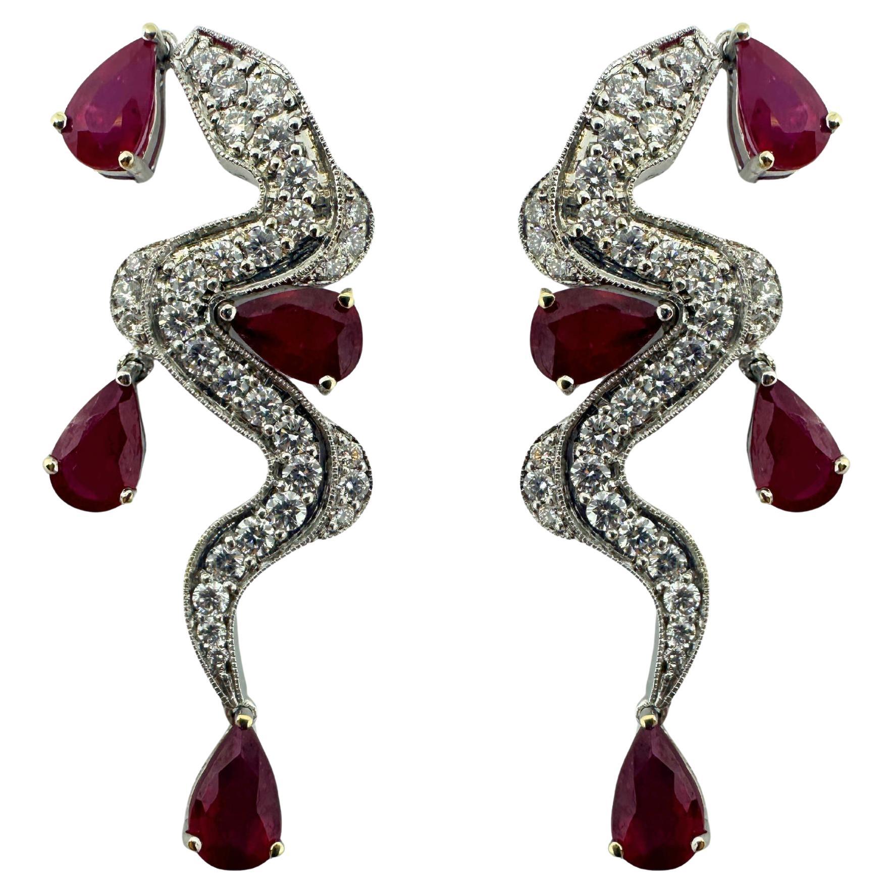 18K White Gold Diamond and Pear Shaped Ruby Earrings