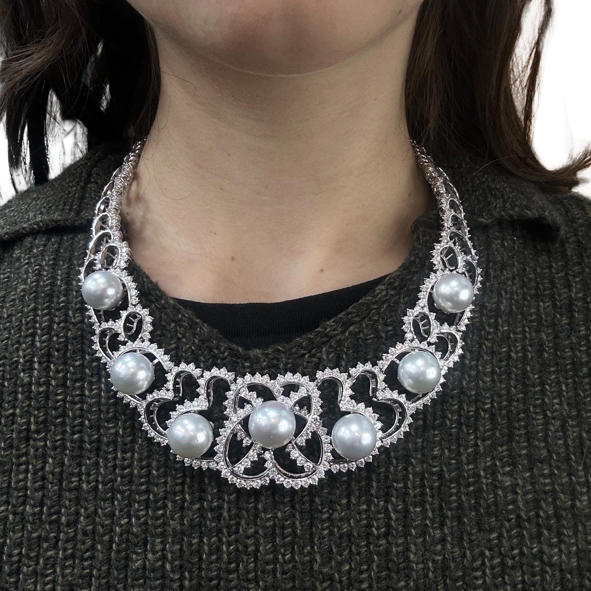 18K White Gold Diamond and Pearl Choker Necklace For Sale 5
