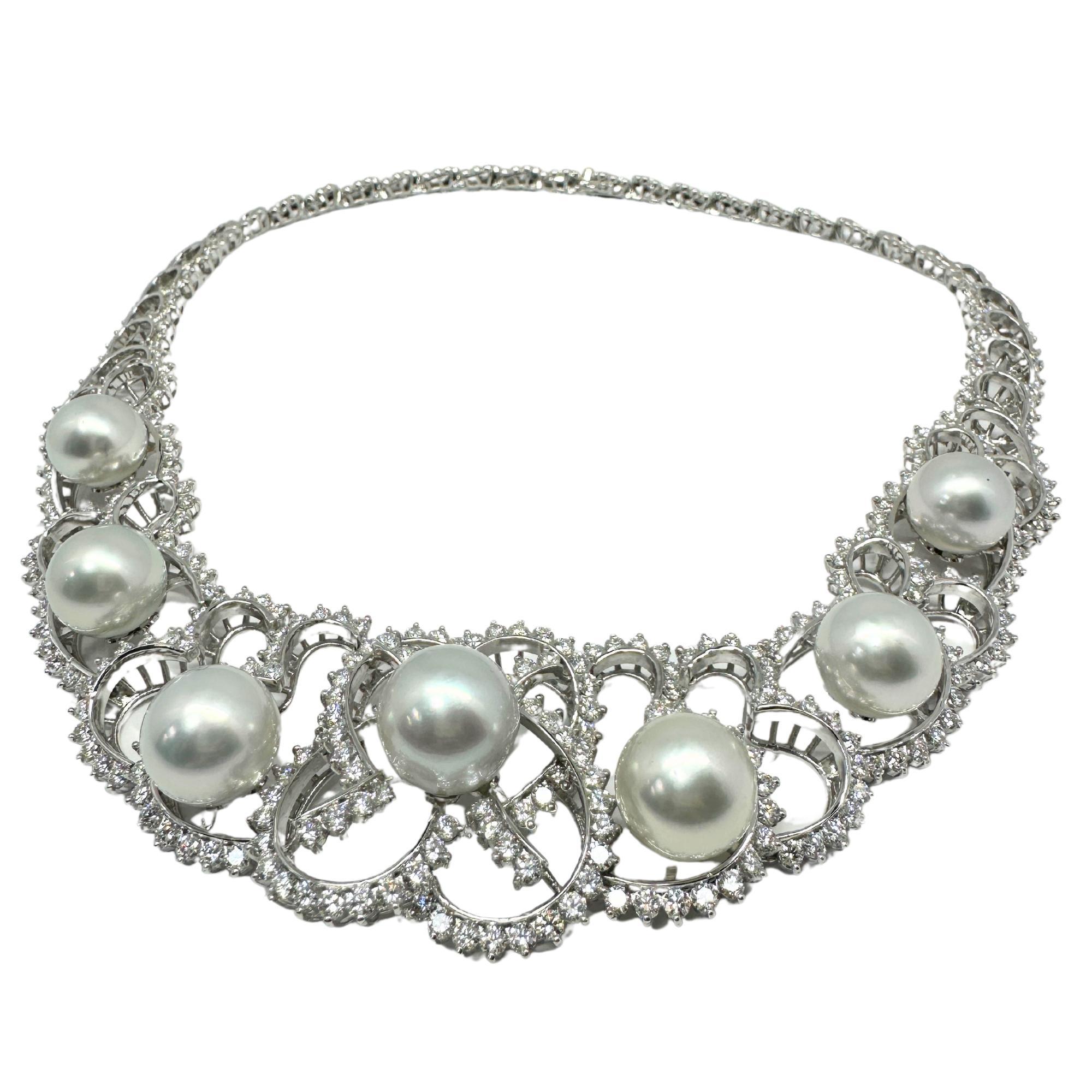 18K White Gold Diamond and Pearl Choker Necklace
Condition: In good condition with some minor surface wear consistent with age.
Length: 17 inches long, 5 inch diameter
Metal: 18k White Gold
Weight: 139.9 grams
Diamonds: 19.50 carats