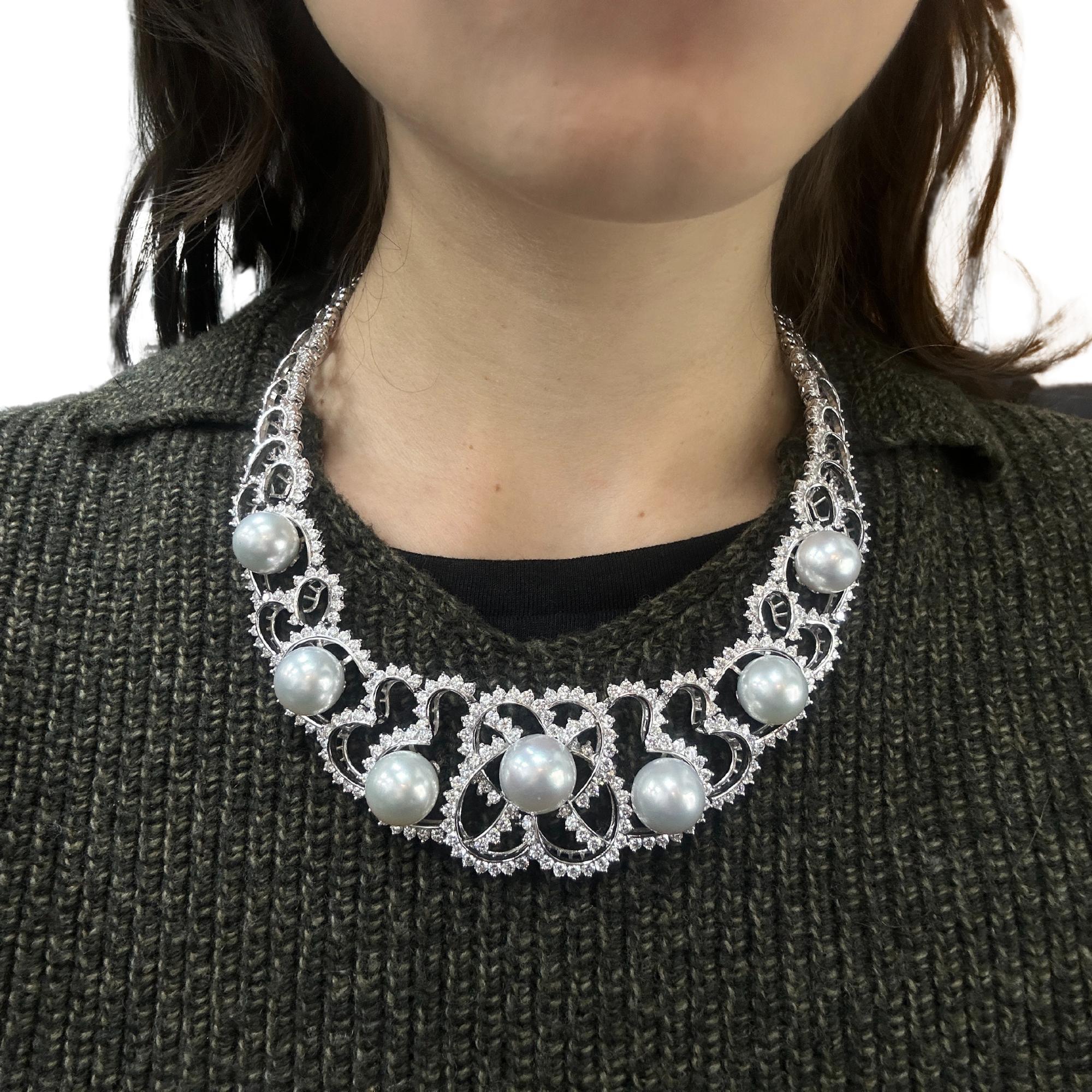 Round Cut 18K White Gold Diamond and Pearl Choker Necklace For Sale