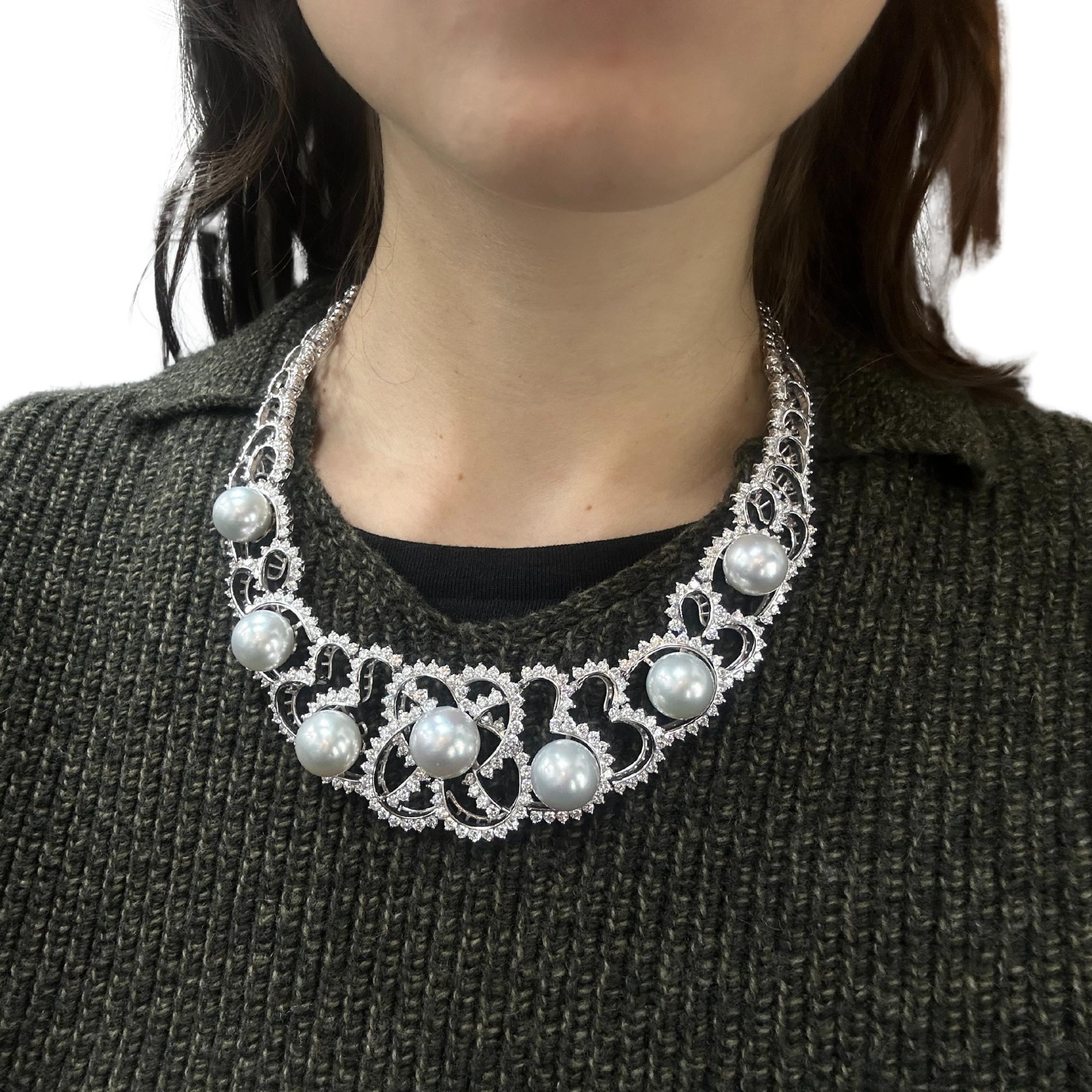 18K White Gold Diamond and Pearl Choker Necklace For Sale 3