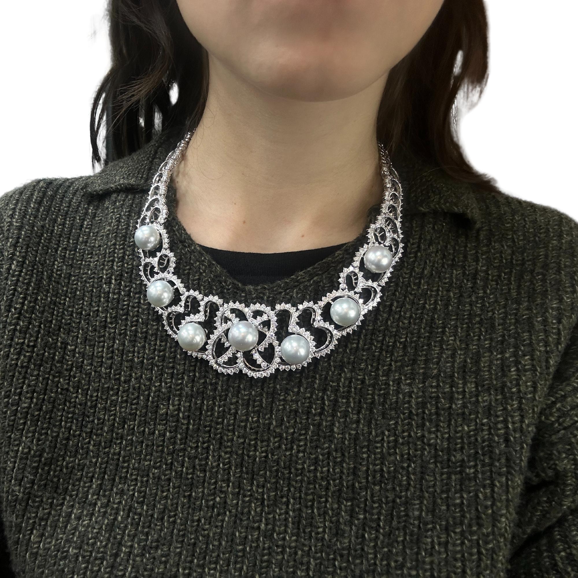 18K White Gold Diamond and Pearl Choker Necklace For Sale 4