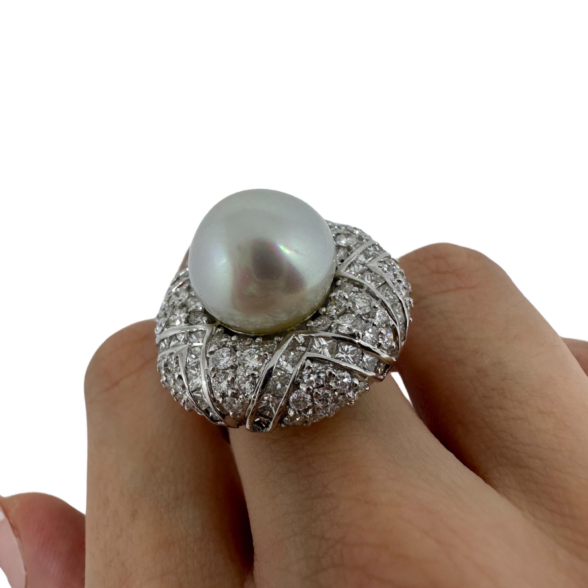 18k White Gold Diamond and Pearl Cocktail Ring For Sale 5