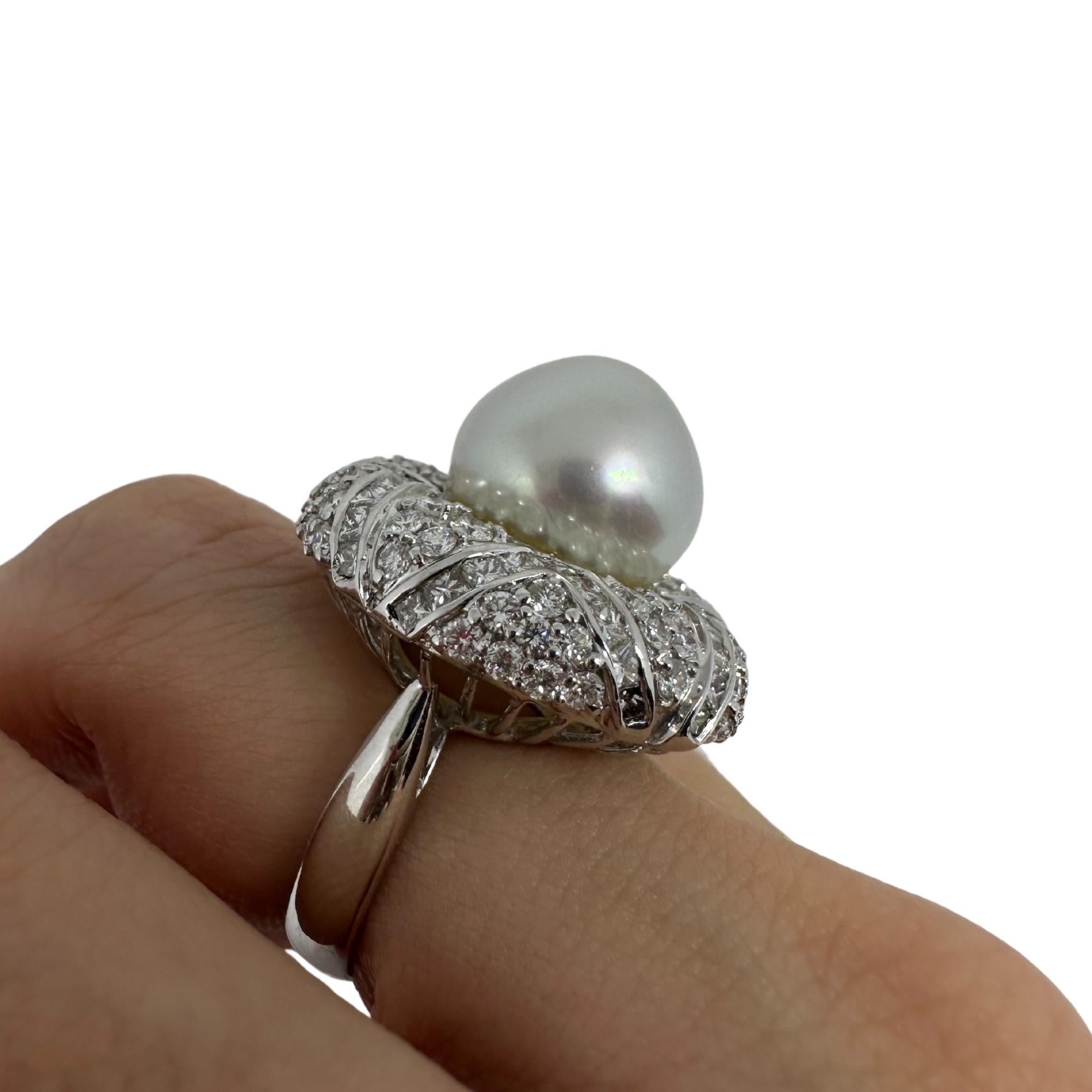 18k White Gold Diamond and Pearl Cocktail Ring For Sale 6