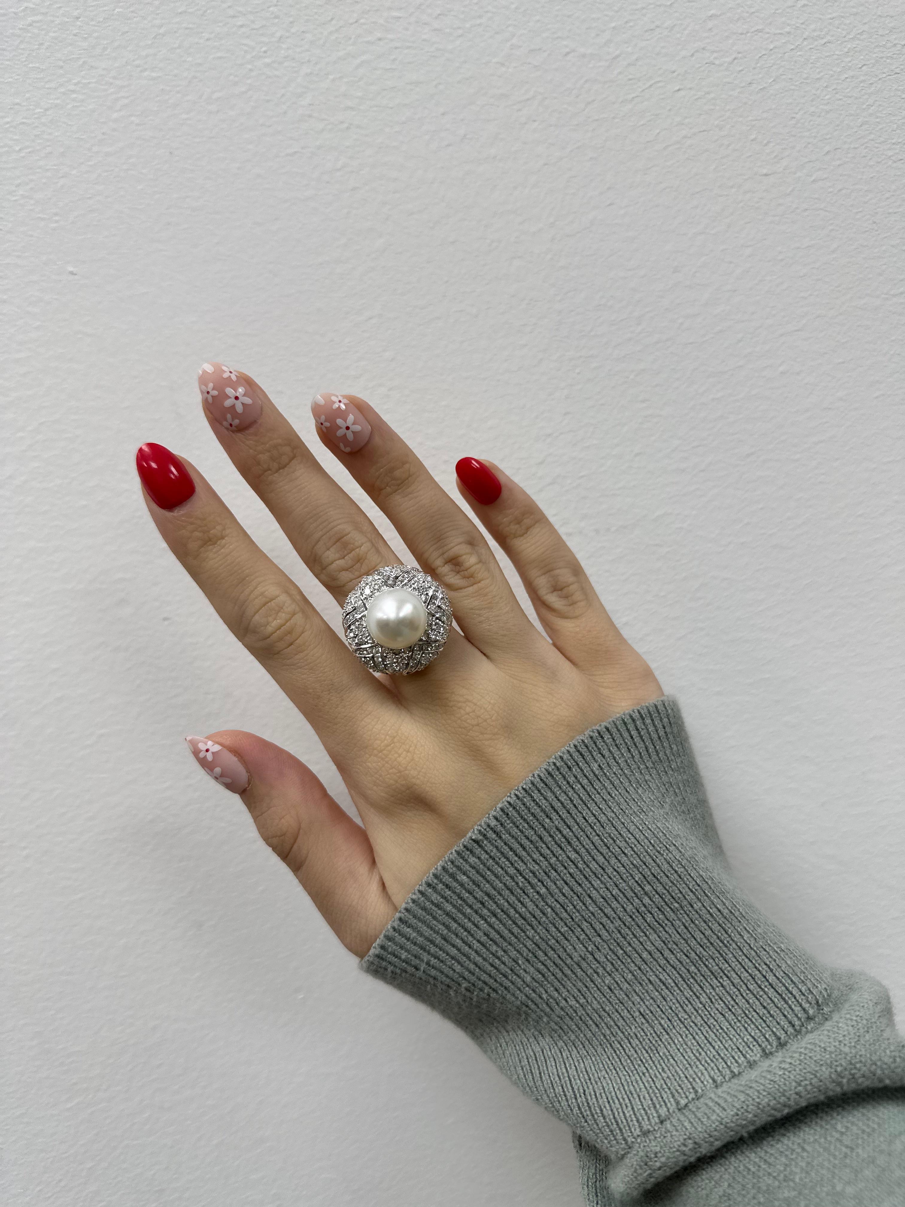 Mixed Cut 18k White Gold Diamond and Pearl Cocktail Ring For Sale