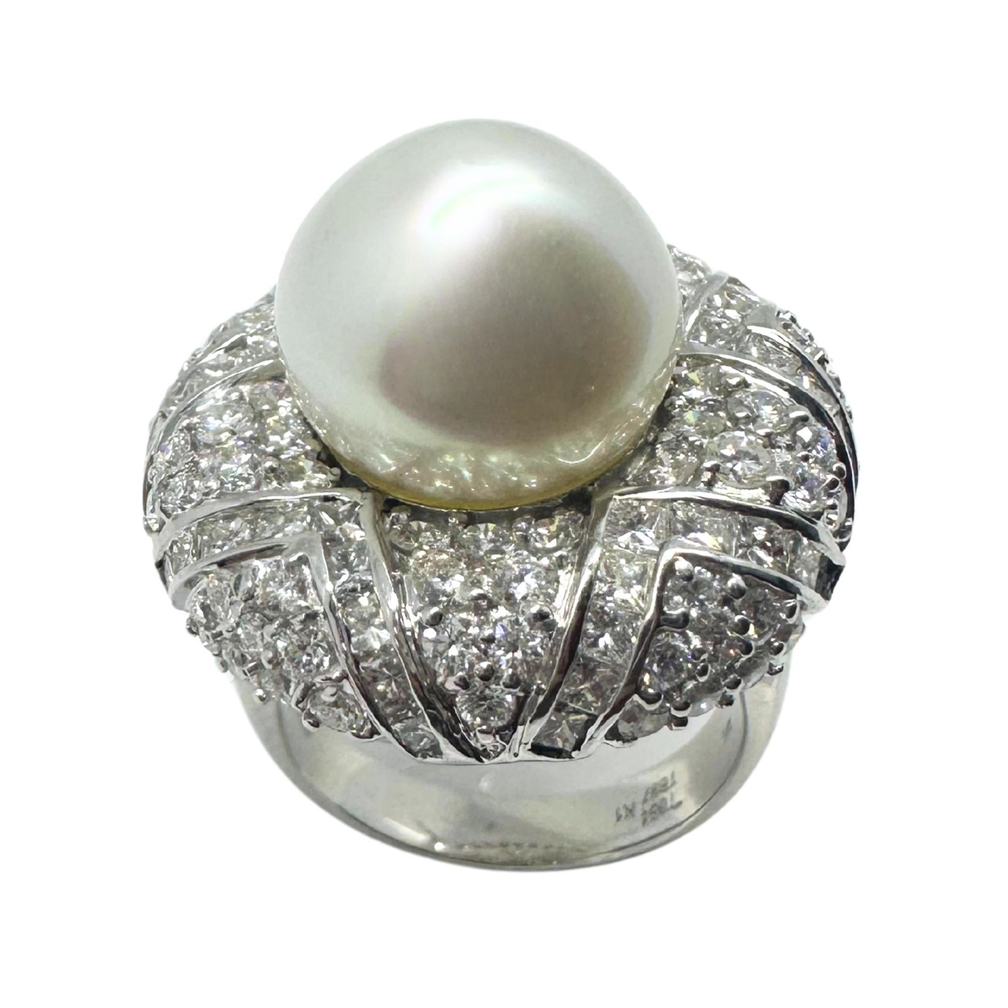 Women's 18k White Gold Diamond and Pearl Cocktail Ring For Sale