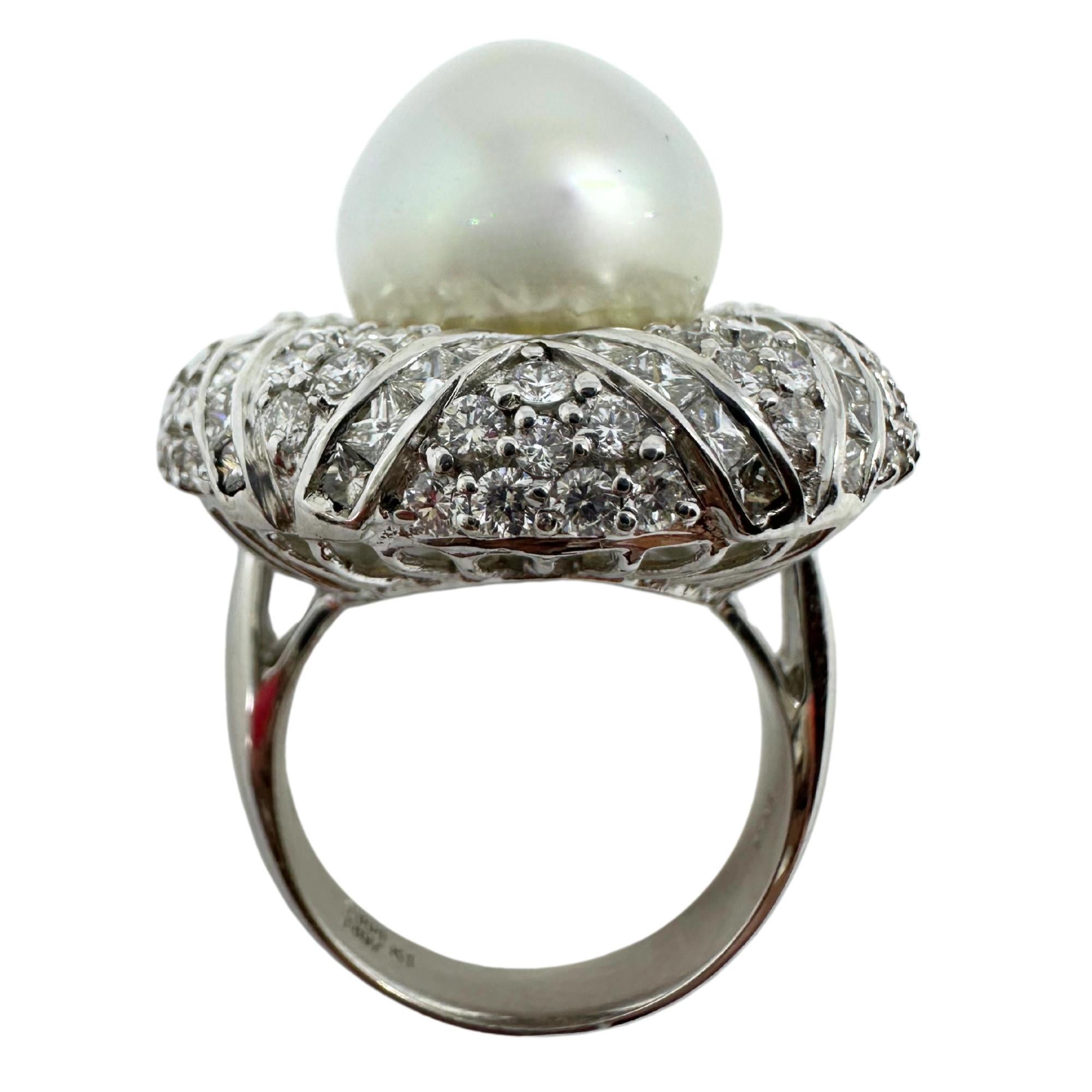 18k White Gold Diamond and Pearl Cocktail Ring For Sale 3