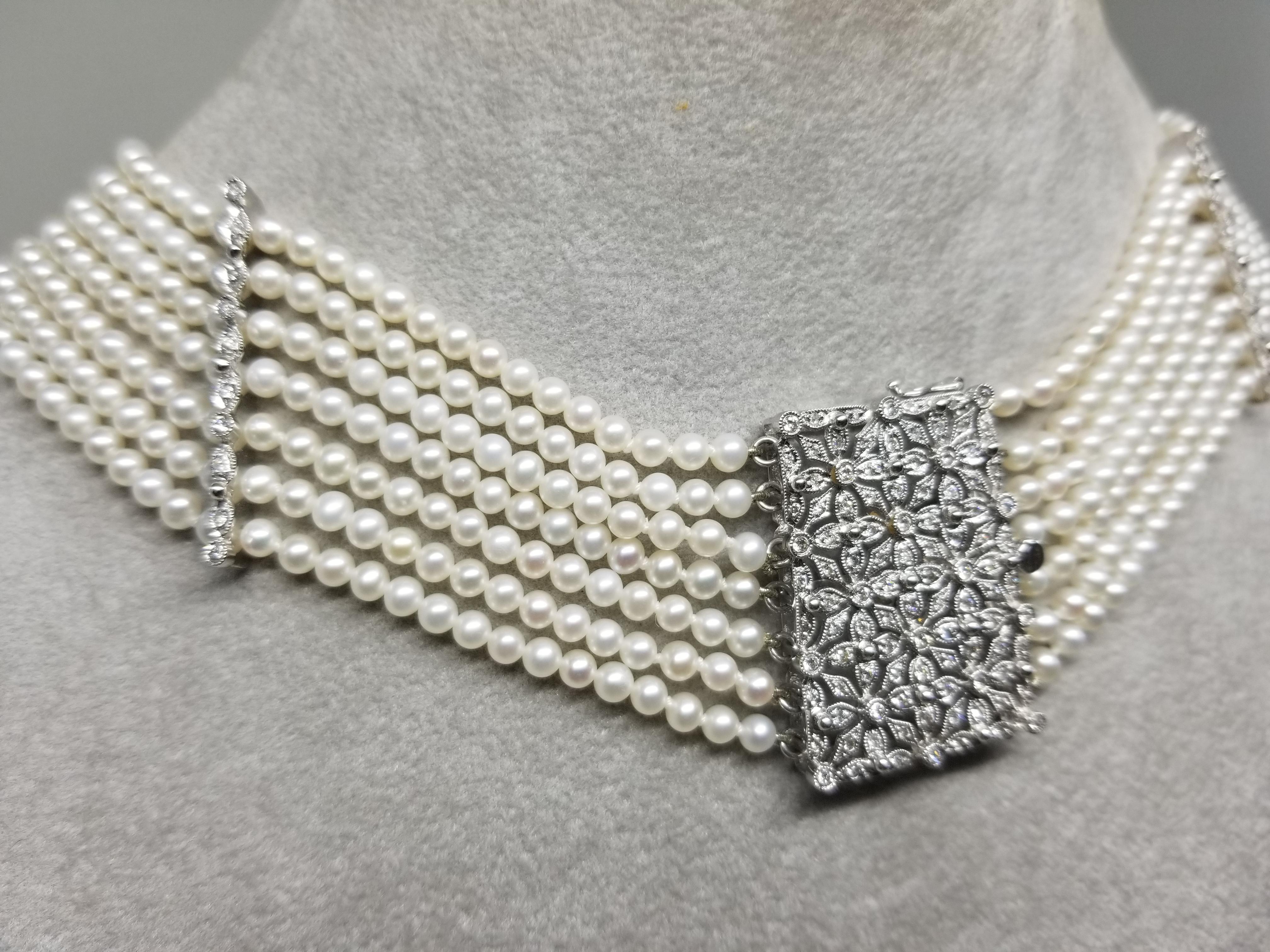 Round Cut 18 Karat White Gold Diamond and Pearl Collar Pendant