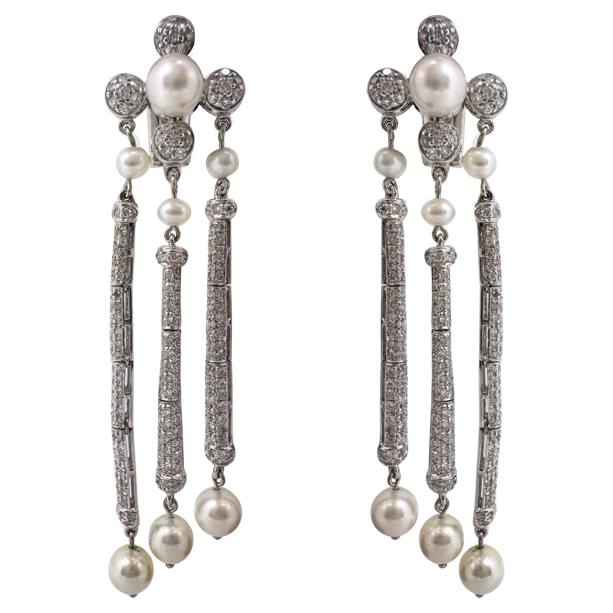 18K White Gold Diamond and Pearl Drop Earrings