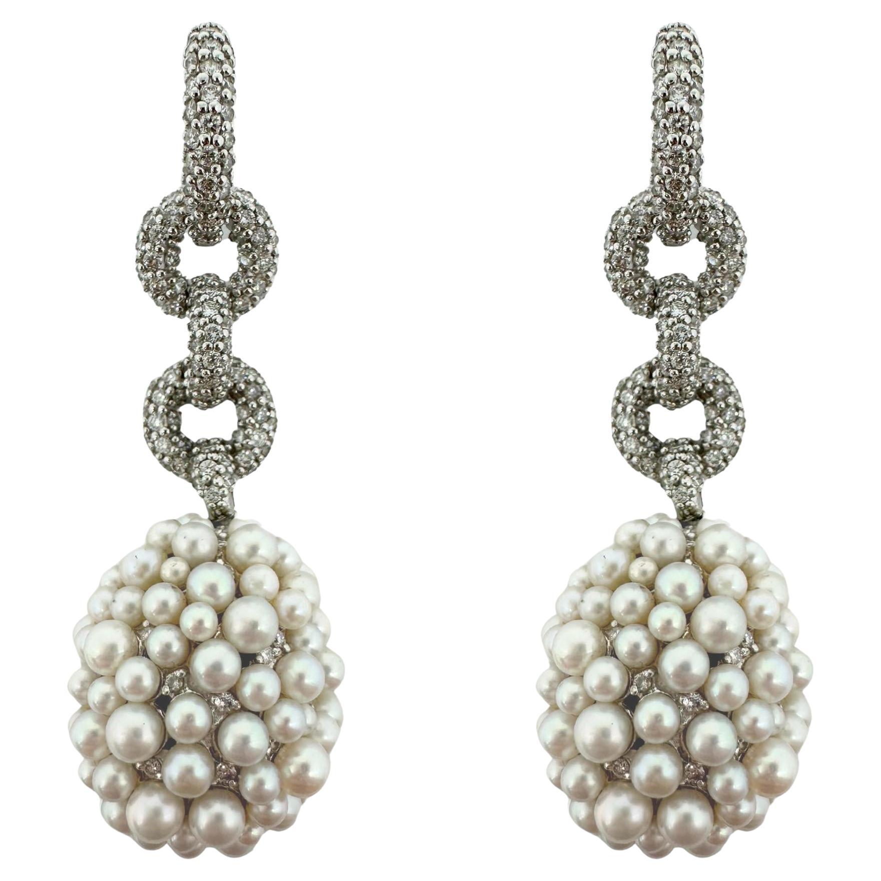 18K White Gold Diamond and Pearl Drop Earrings